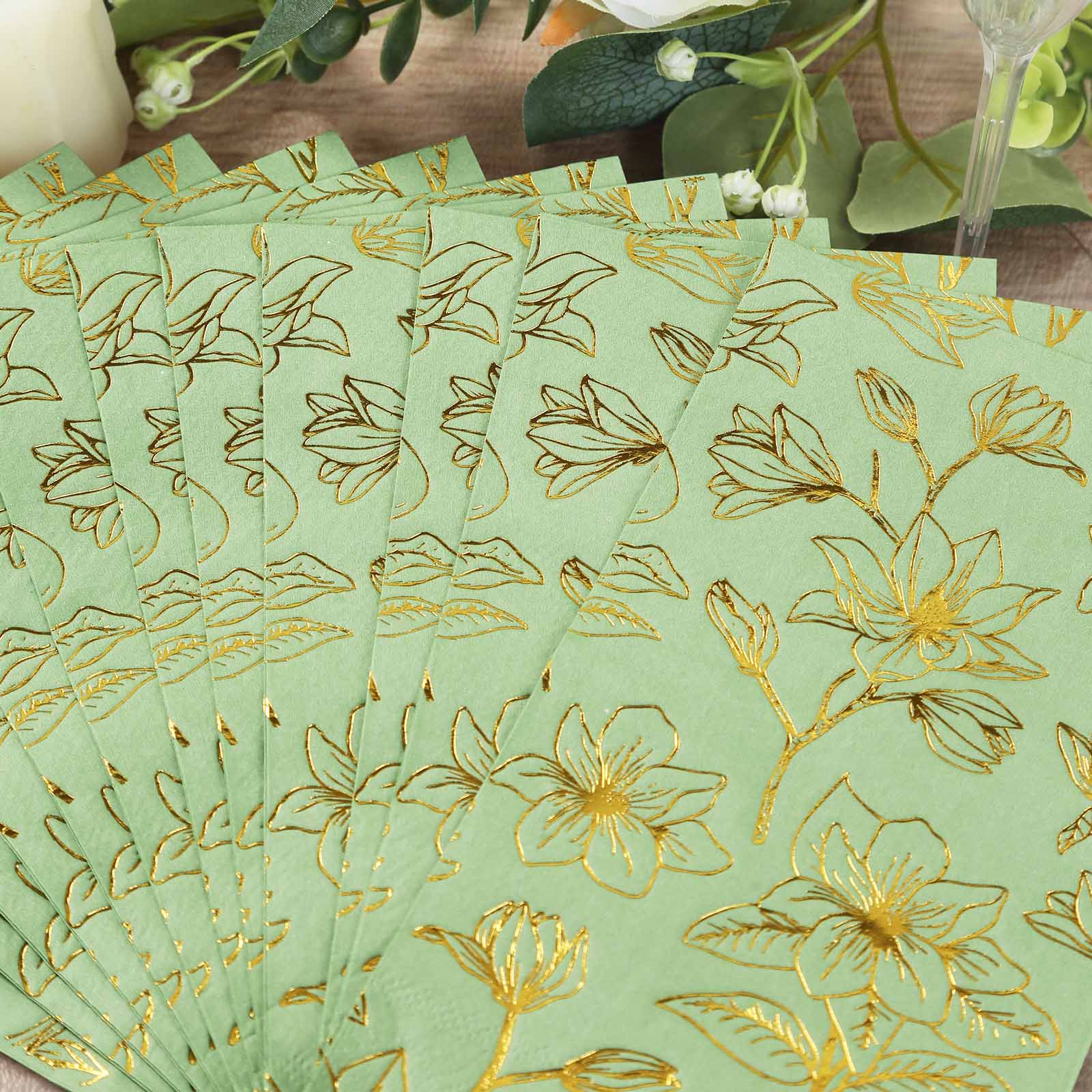 50-Pack Disposable 2-Ply Paper Dinner Napkins: Sage Green with Gold Magnolia Prints - Ideal for Parties