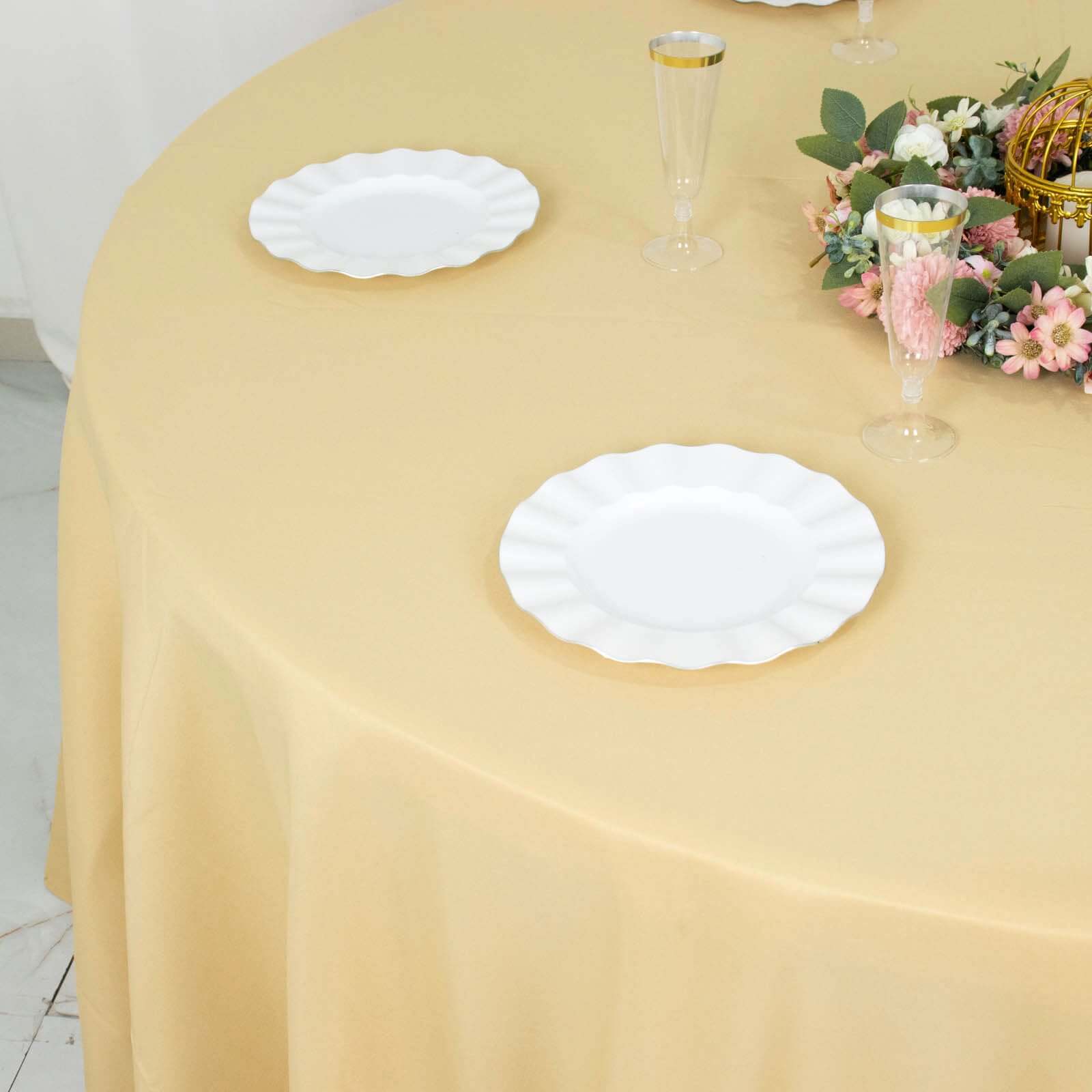 Hot! Seamless 220GSM Wrinkle-Resistant Champagne 120 Round Premium Polyester Tablecloth