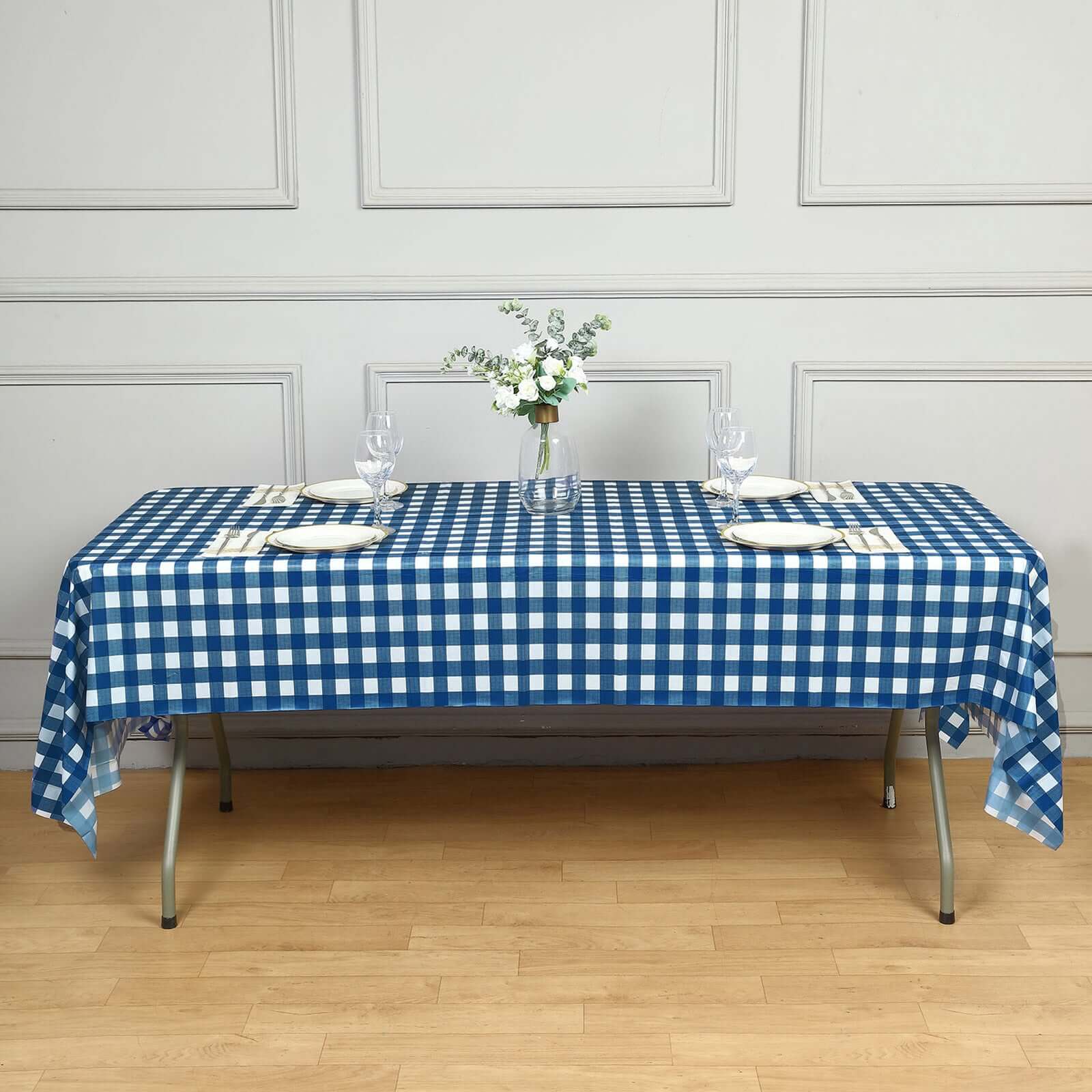 5-Pack Durable PVC Disposable Navy Blue Checkered Rectangle Plastic Table Covers for Events, 54x108