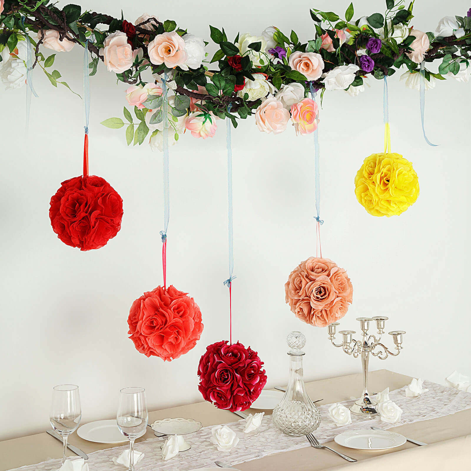 2-Pack 7-Inch Yellow Artificial Silk Rose Kissing Balls, Ideal Faux Flower Decor for Parties
