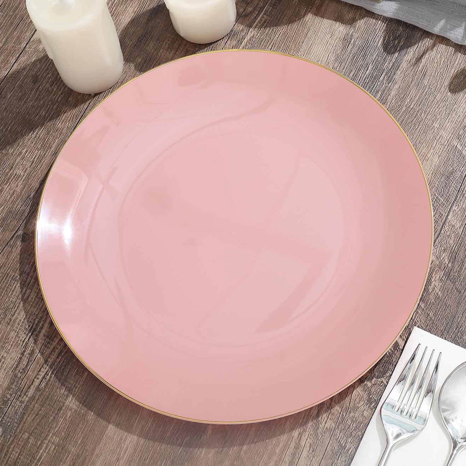 10-Piece Set of Glossy Disposable Dusty Rose Plastic Dinner Plates with Gold Rim