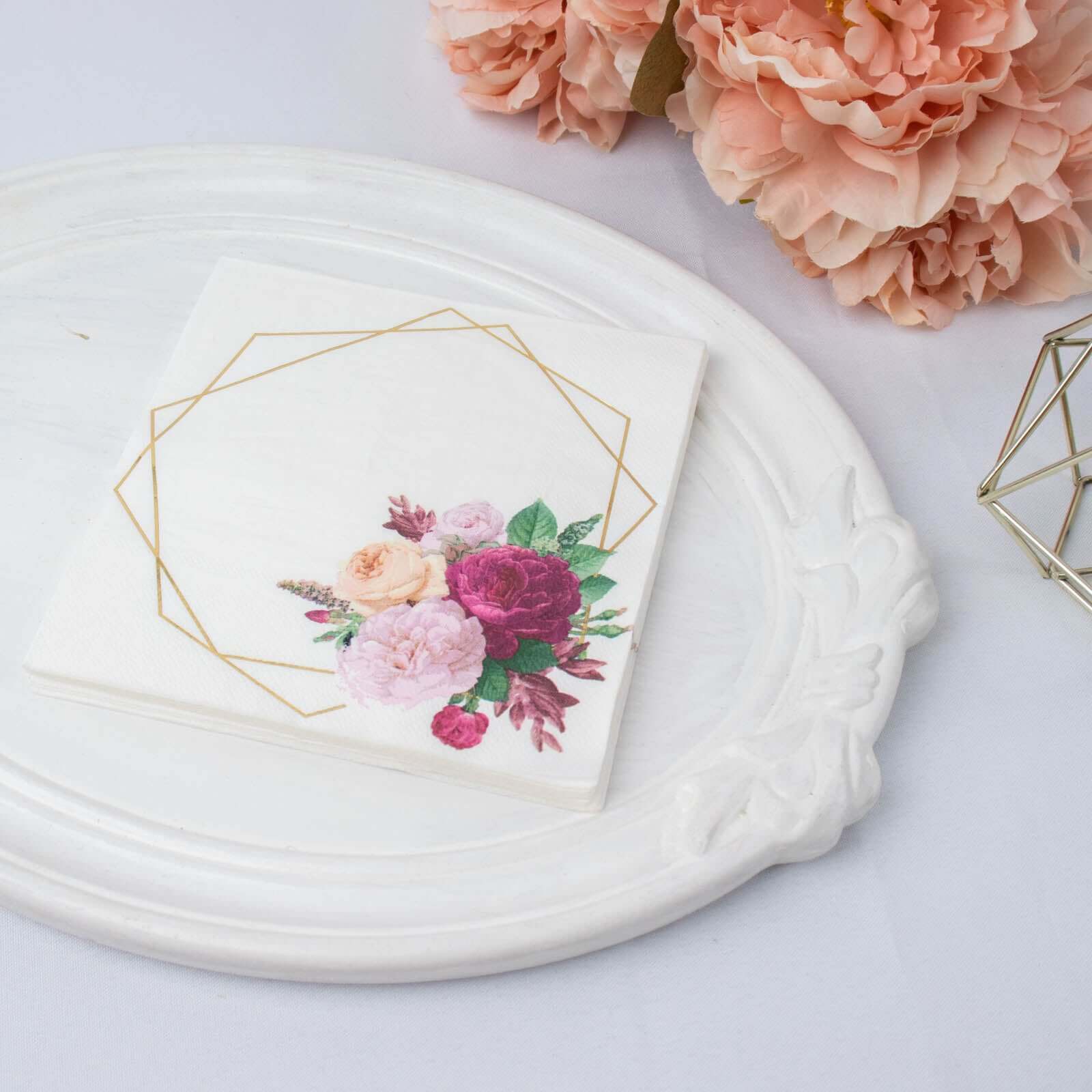 20-Pack White Paper Napkins with Gold Hexagon Frame & Floral Print - Ideal for Parties