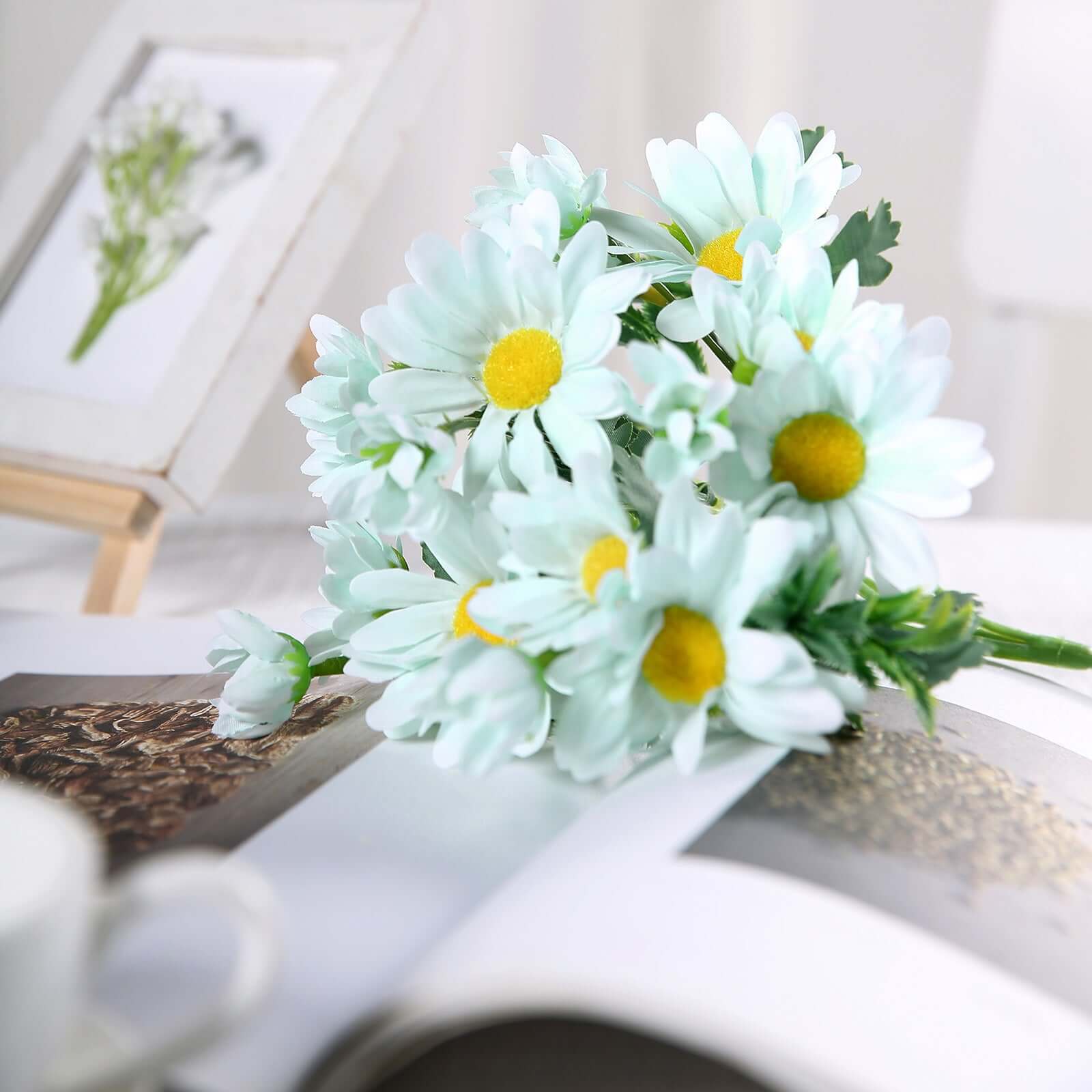 4 Artificial Light Blue Silk Daisy Flower Bouquet Branches with 11 Blooms