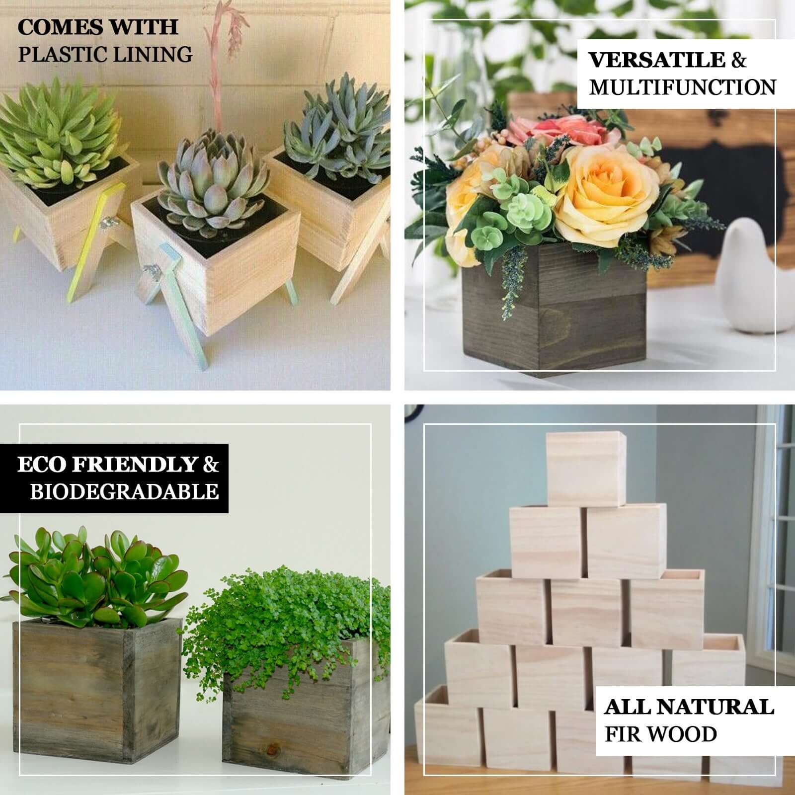 Exclusive 2-Pack Set of 5ft Natural Square Wood Planter Boxes with Removable Plastic Liners