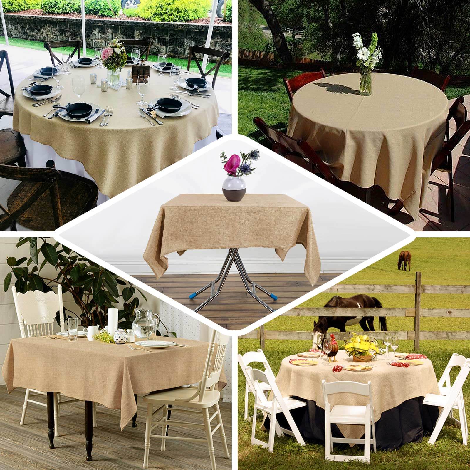 Hot Sale! 54x54 Natural Faux Burlap Square Table Overlay for Rustic Events