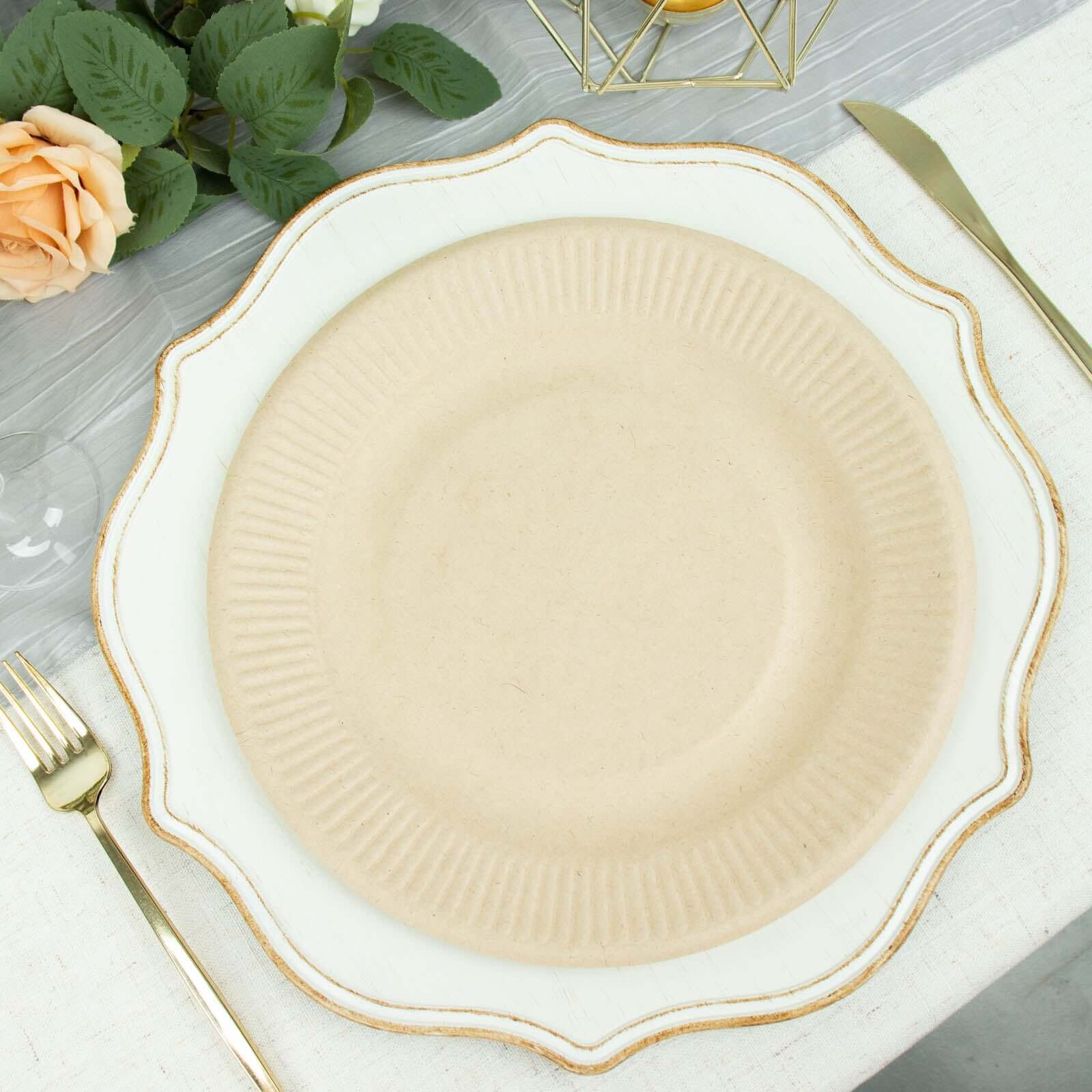50-Pack Natural Ribbed Rim Round Dinner Plates Made of Bagasse - Eco-Friendly Sugarcane Party Plates