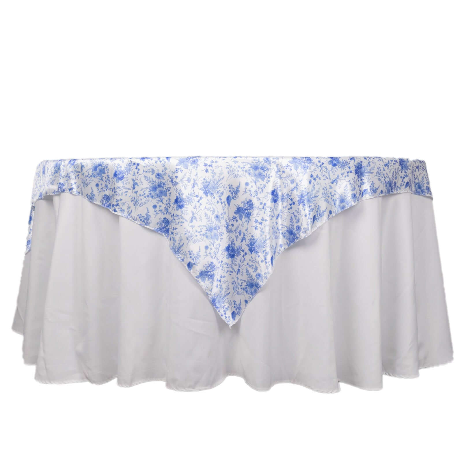 White and Blue Satin 72x72 Square Table Overlay with French Toile Floral for Elegant Celebrations