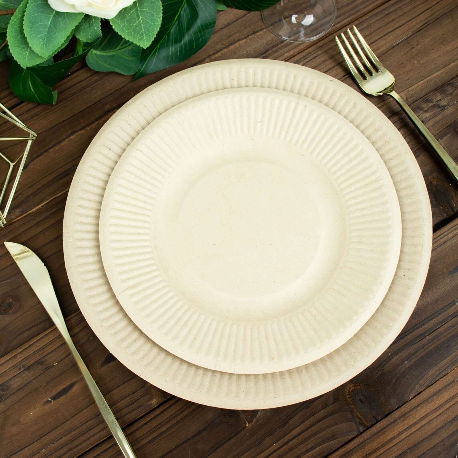 50-Piece Set of Natural 8-Inch Round Bagasse Dessert Plates with Ribbed Edge