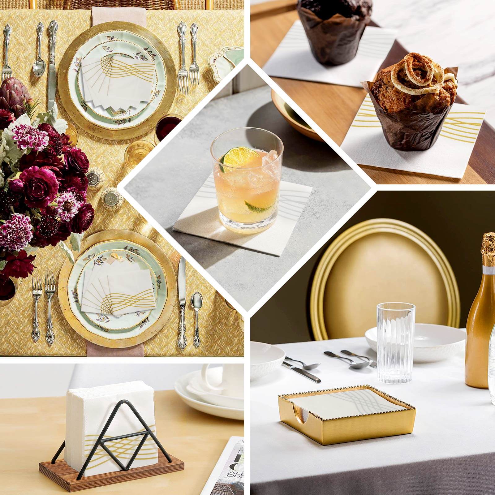 20-Piece Set of White Airlaid Cocktail Napkins with Gold Foil Wave Design