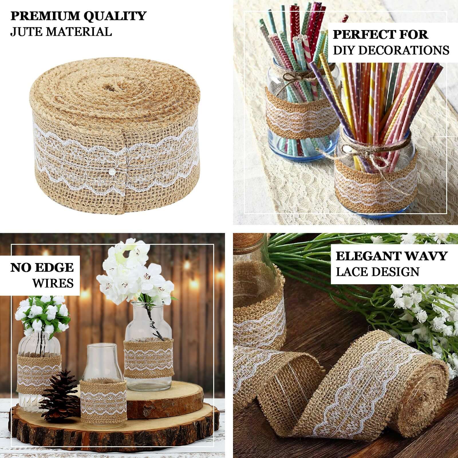Pair of 16FT Natural Jute Burlap Ribbons with Wavy Lace Trim
