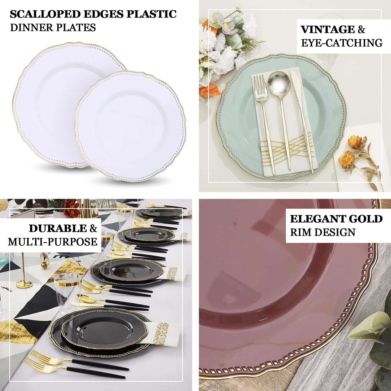 Disposable 10-Pack Large Plastic Dinner Plates in Jade with Gold Scalloped Rim