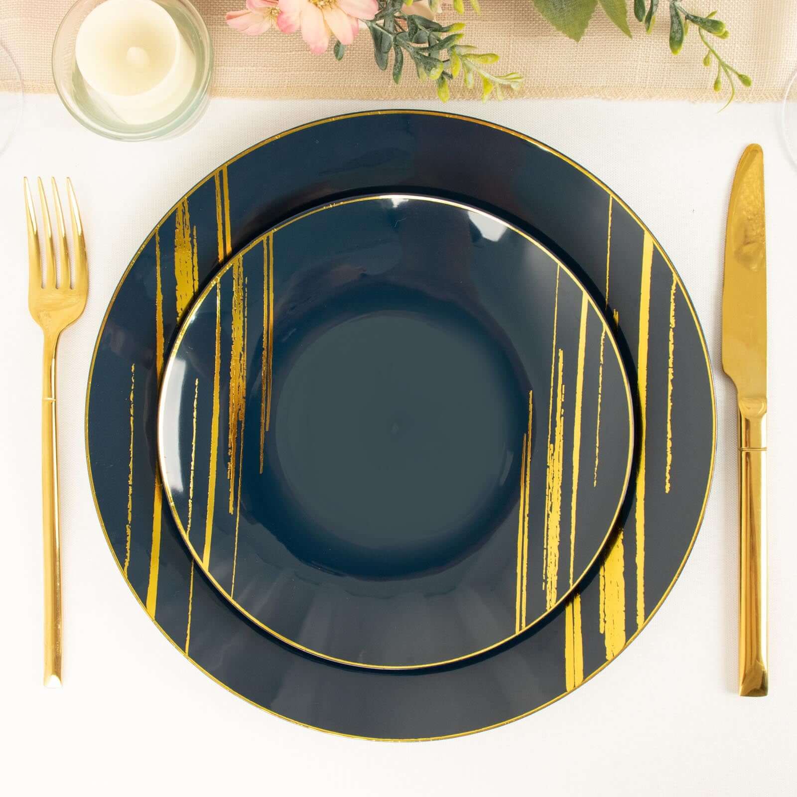 10-Piece Set of Navy Blue Plastic Round Dessert Plates with Gold Brush Print - Disposable Appetizer Salad Plates