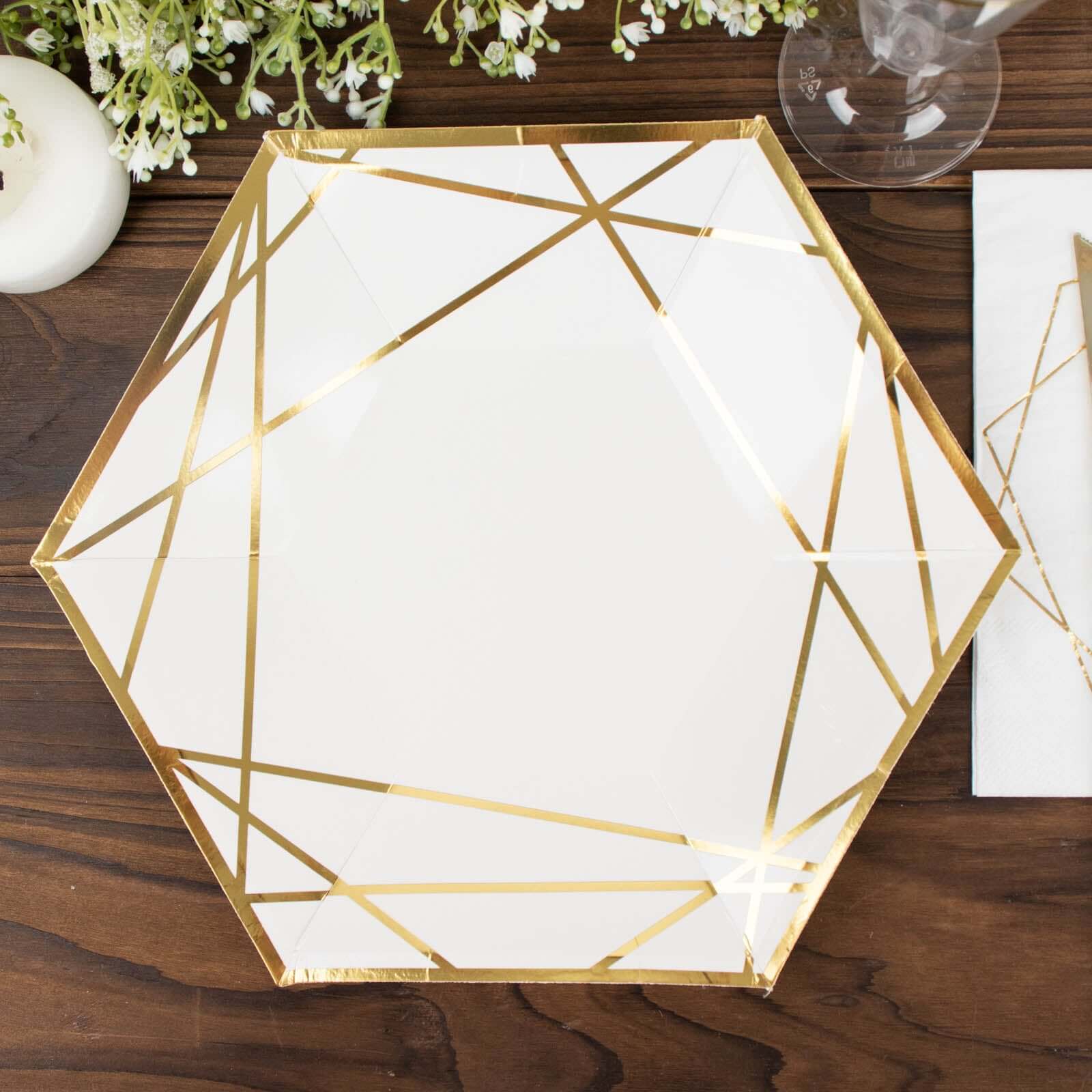 25-Pack White Paper Hexagon Dinner Plates with Gold Geometric Design - Great Value!