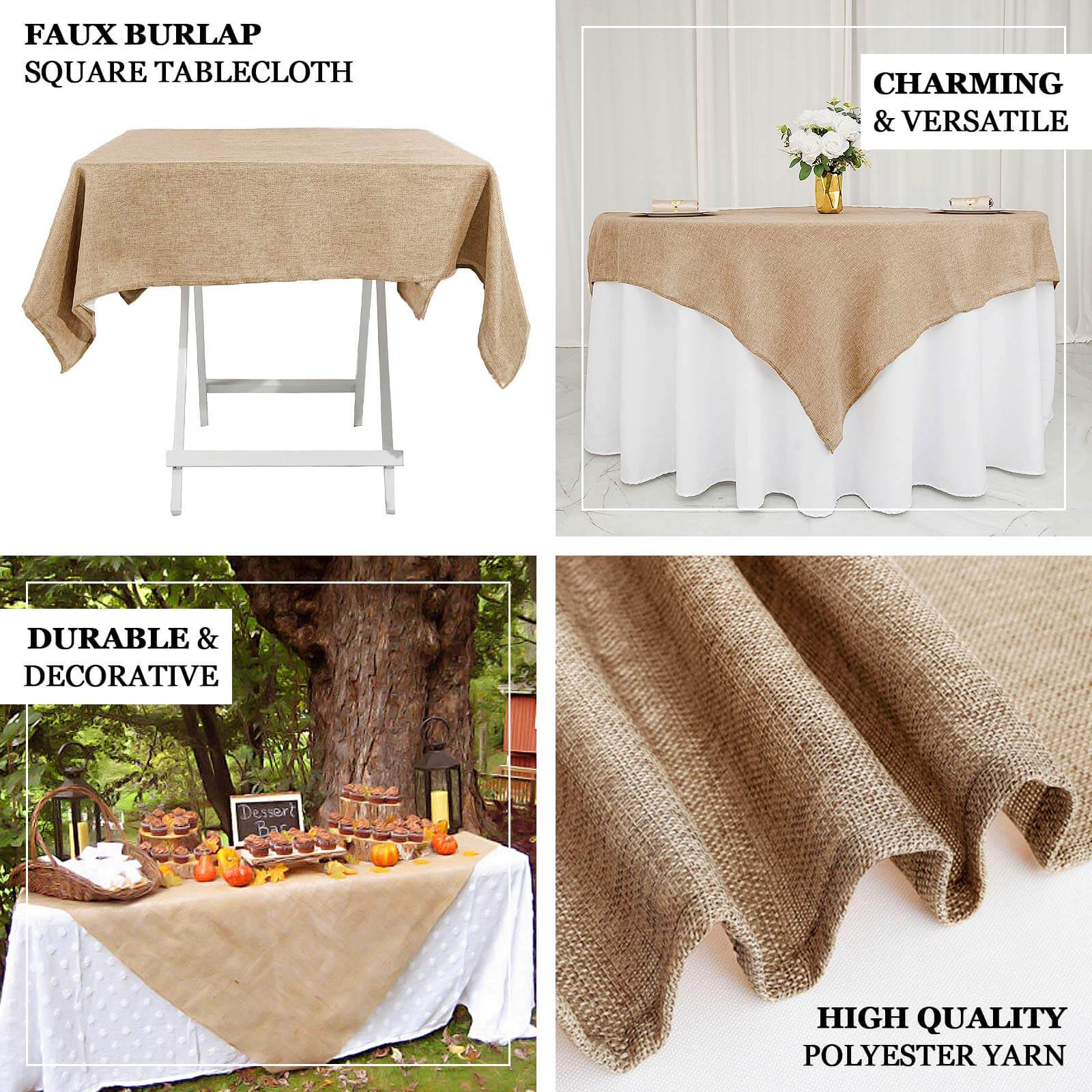 Hot Sale! Natural Faux Burlap 90x90 Square Table Overlay for Stylish Boho - Chic Celebrations