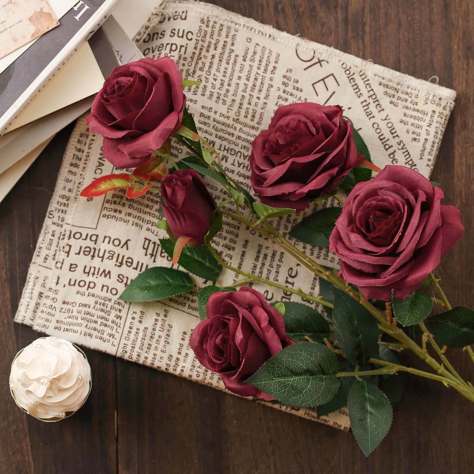 Hot Deal! 2 Bouquets of 33-Inch Tall Burgundy Artificial Silk Rose Flower Bush Stems