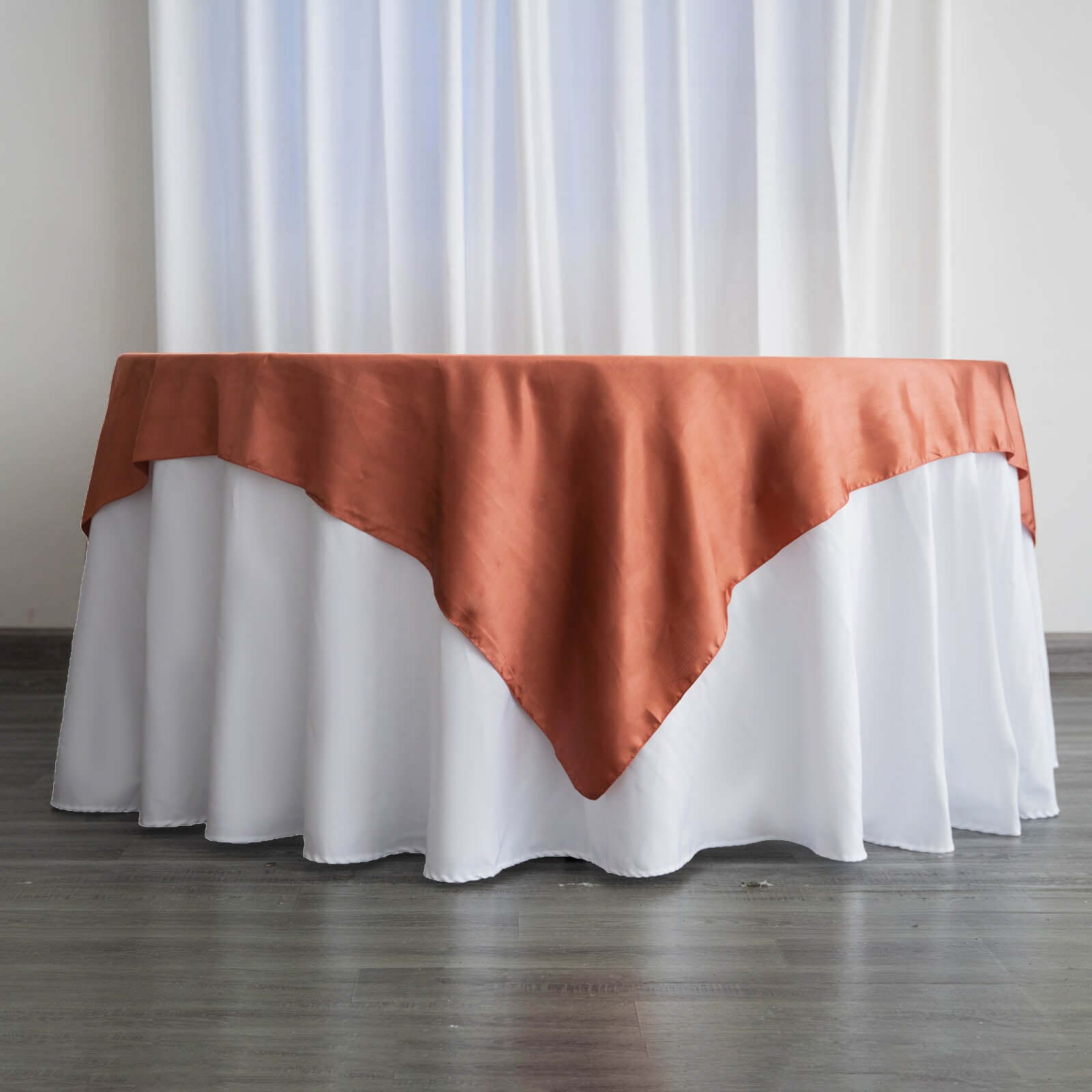 Hot! 72x72 Satin Square Table Overlay in Terracotta (Rust) - Smooth Finish