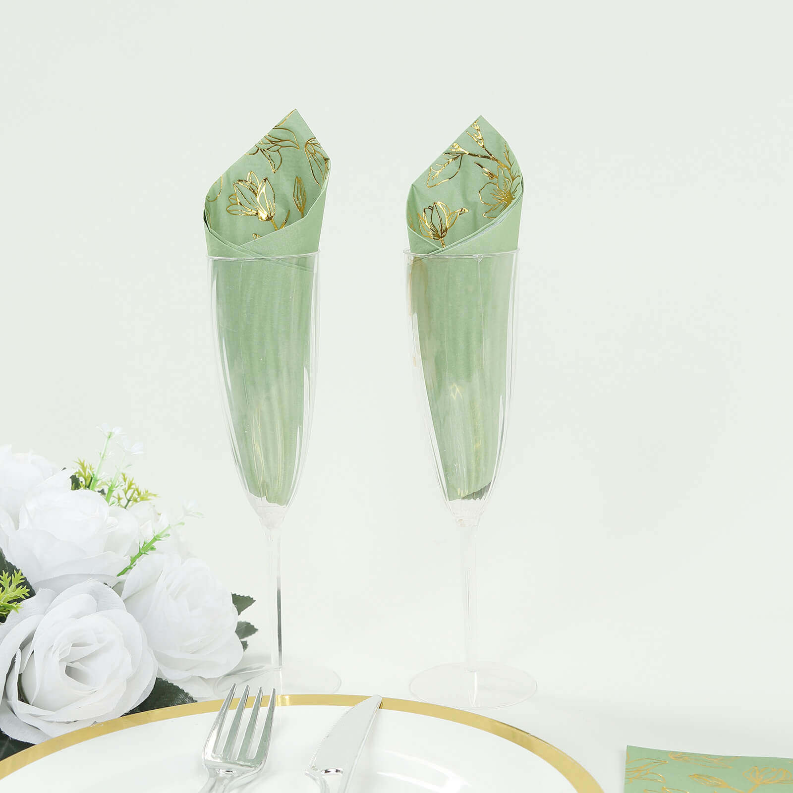 50-Pack Disposable 2-Ply Paper Dinner Napkins: Sage Green with Gold Magnolia Prints - Ideal for Parties