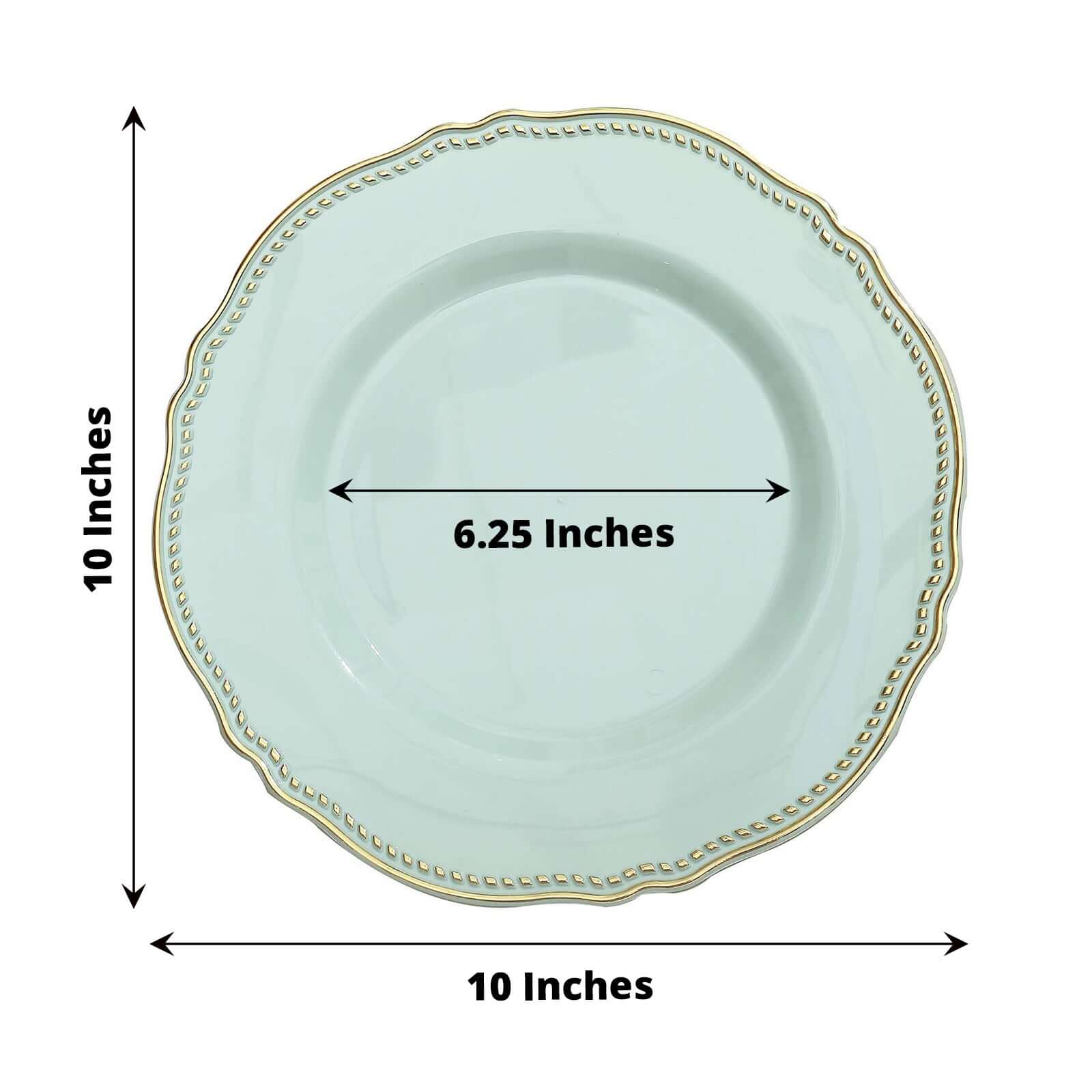 Disposable 10-Pack Large Plastic Dinner Plates in Jade with Gold Scalloped Rim