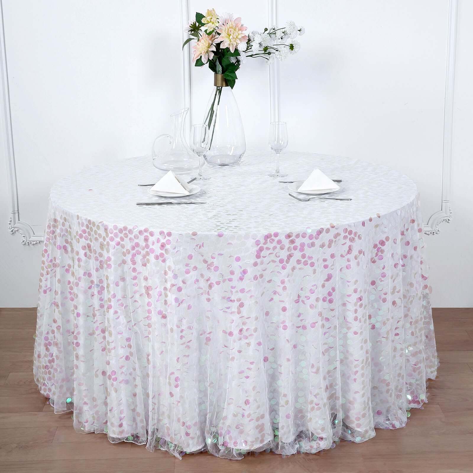120-Inch Iridescent Seamless Big Payette Sequin Round Tablecloth for 5-Foot Tables