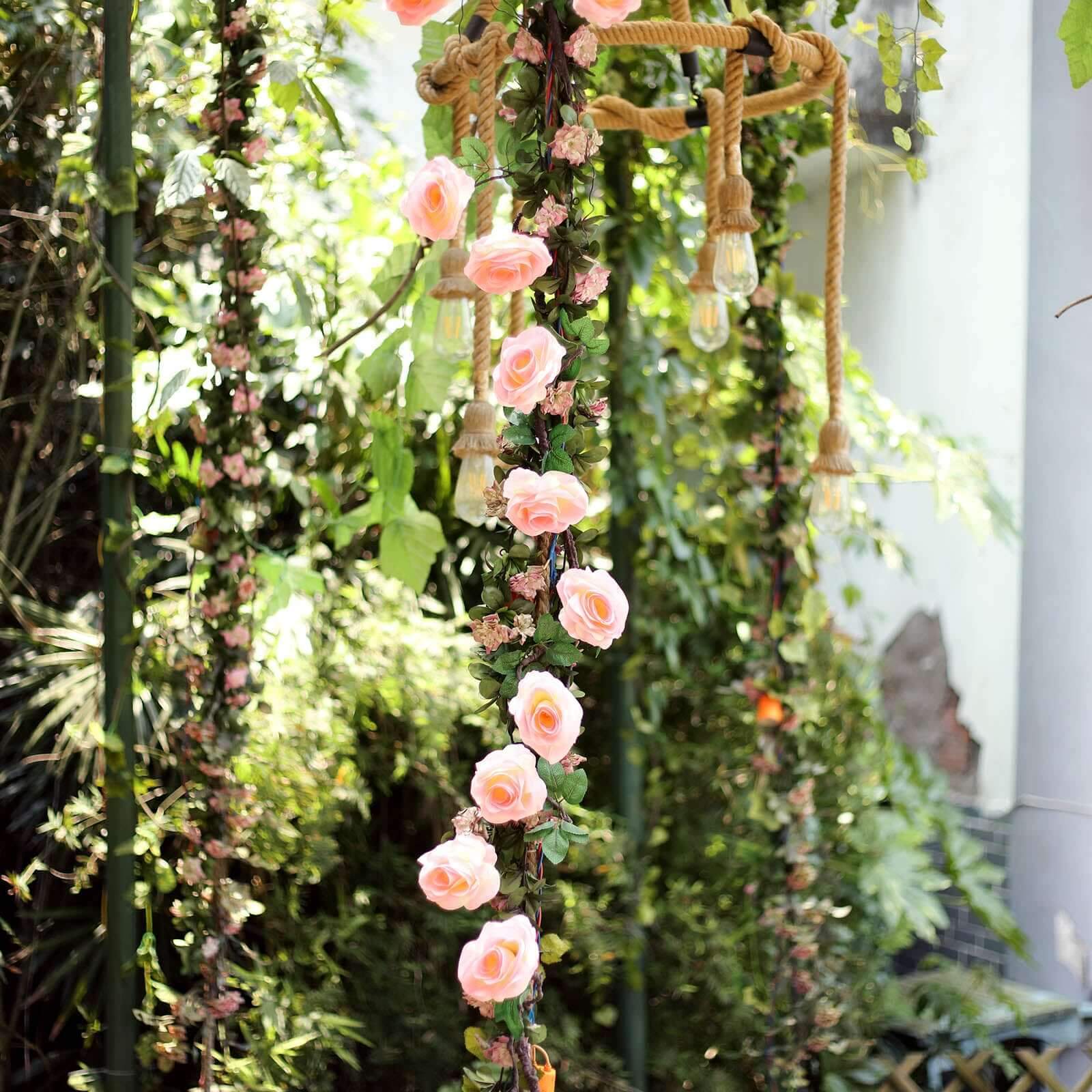 6ft Long Pink Artificial Silk Rose Garland with 14 Lifelike Flowers
