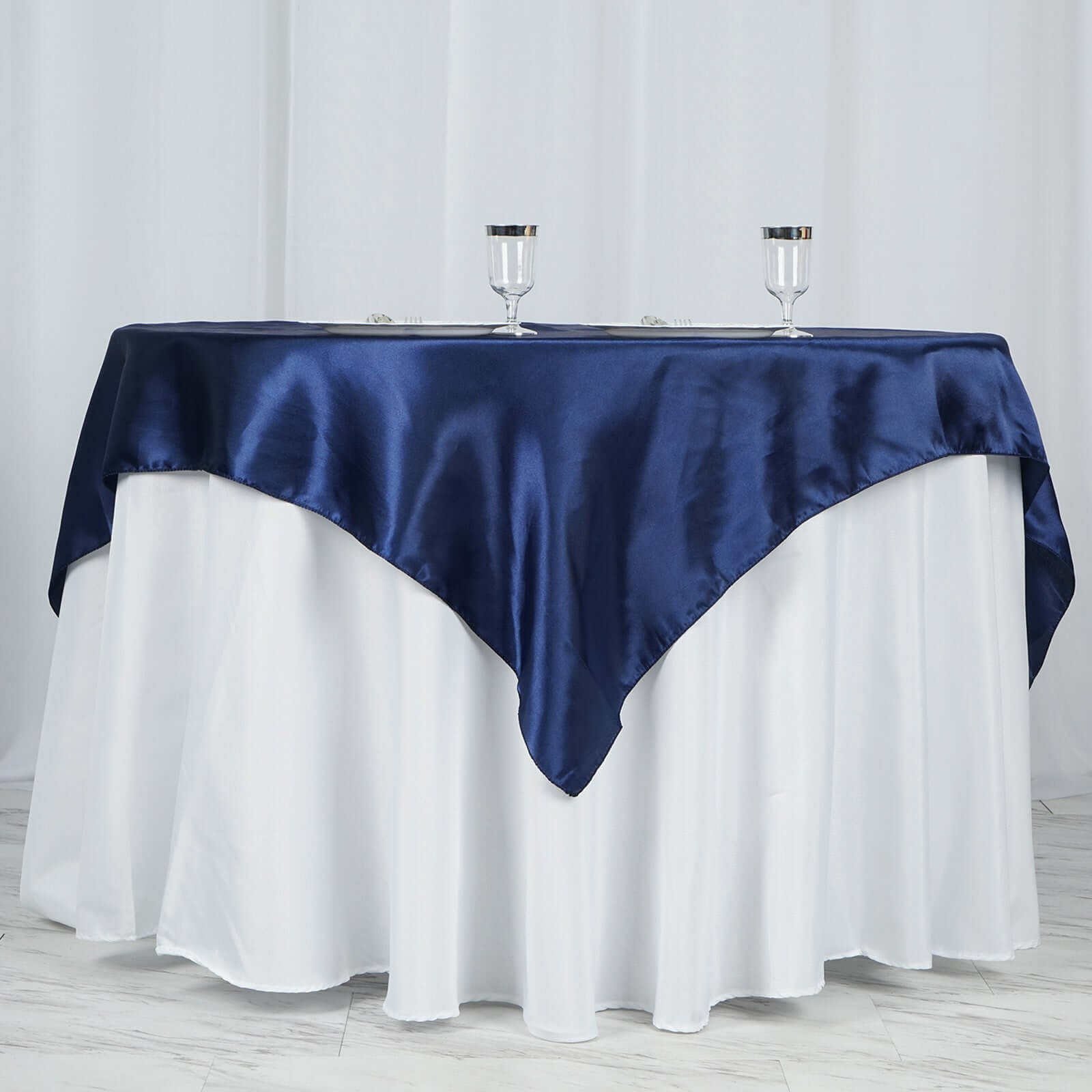 Navy Blue Satin 60x60 Square Table Overlay - Soft Silky Touch, Great for Decor