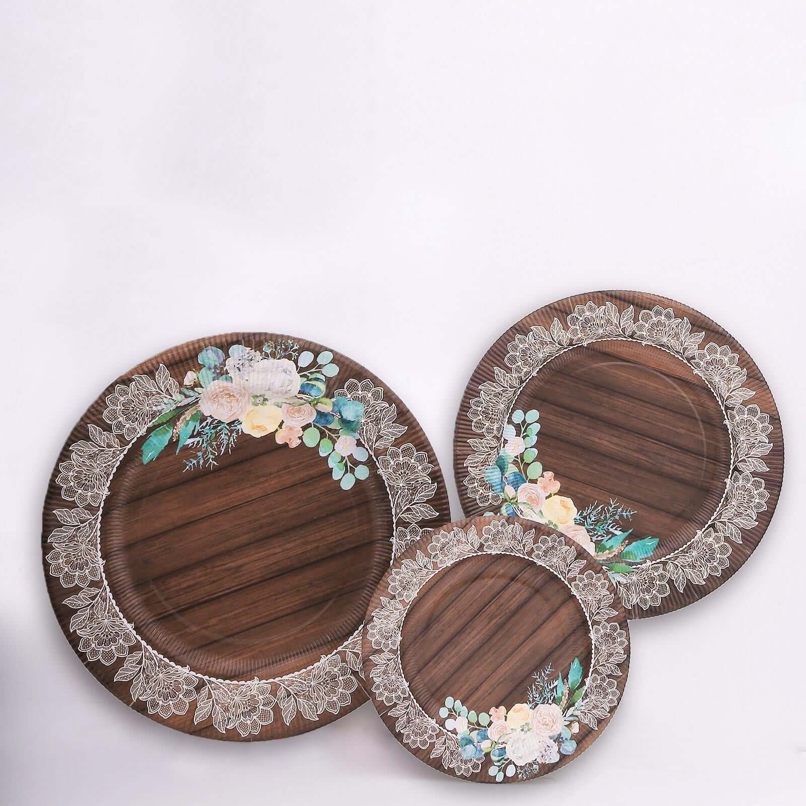 25-Piece Disposable 8-Inch Round Brown Wood Print Dessert Plates with Floral Lace Rim for Rustic Events