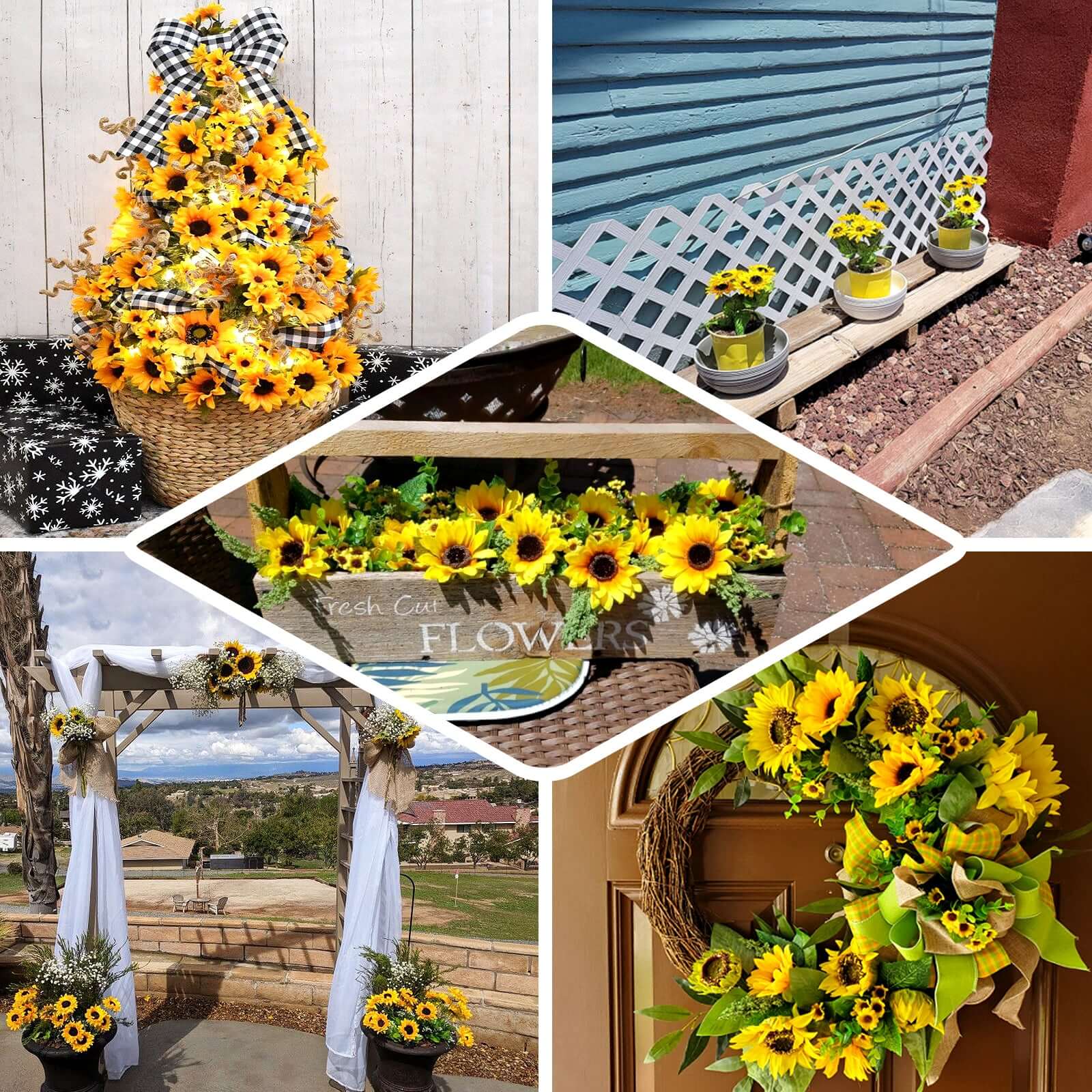2 Bouquets of 13 Yellow Silk Artificial Sunflower Flower Bushes for Decor