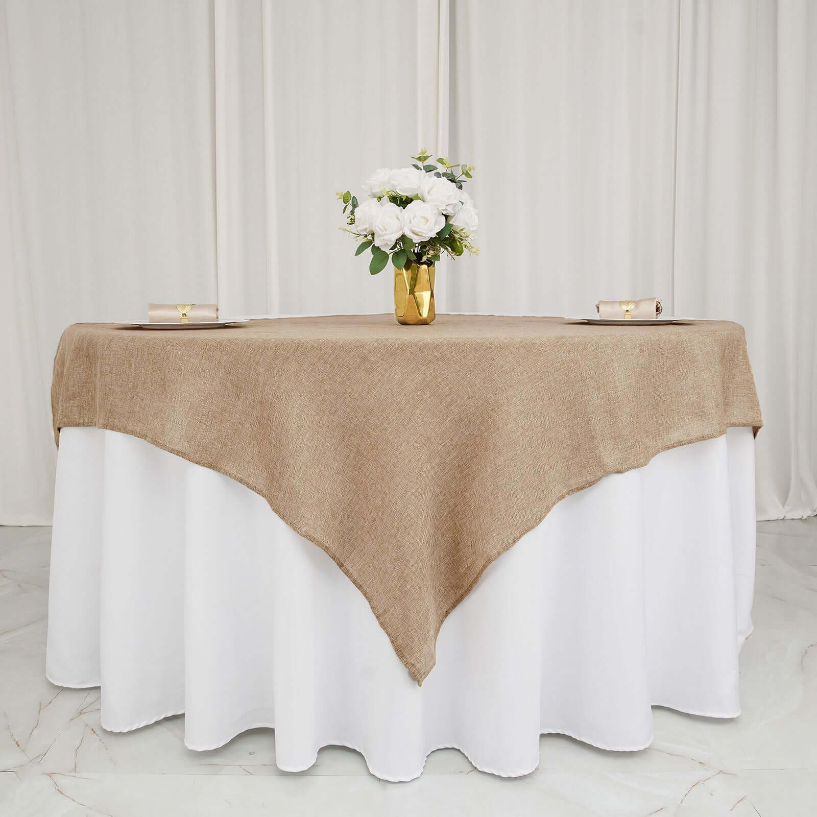 Hot Sale! 54x54 Natural Faux Burlap Square Table Overlay for Rustic Events