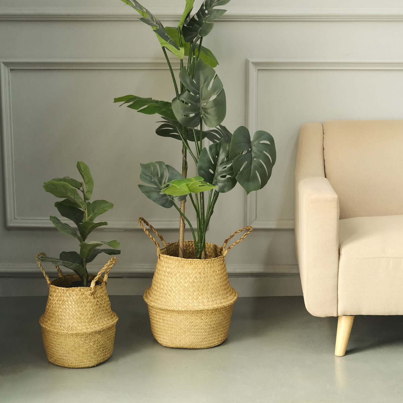 Exclusive Set of 2 Natural Handwoven Seagrass Plant Baskets for Home Organization