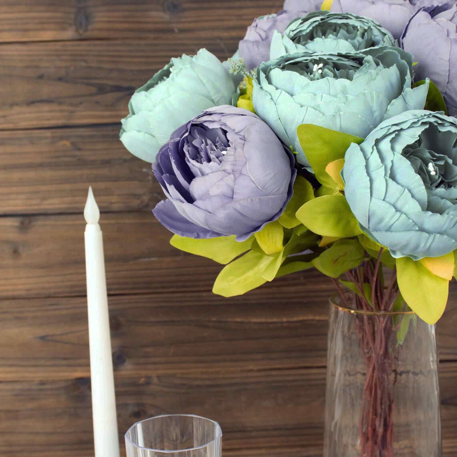 Hot Deal! 2-Pack 19-Inch Dusty Blue Artificial Peony Flower Bouquets for Weddings and Decor
