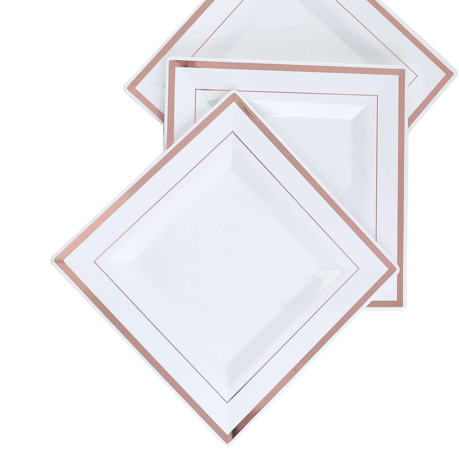 Hot Deal! 10-Pack White Square Plastic Dinner Plates with Rose Gold Trim for Events