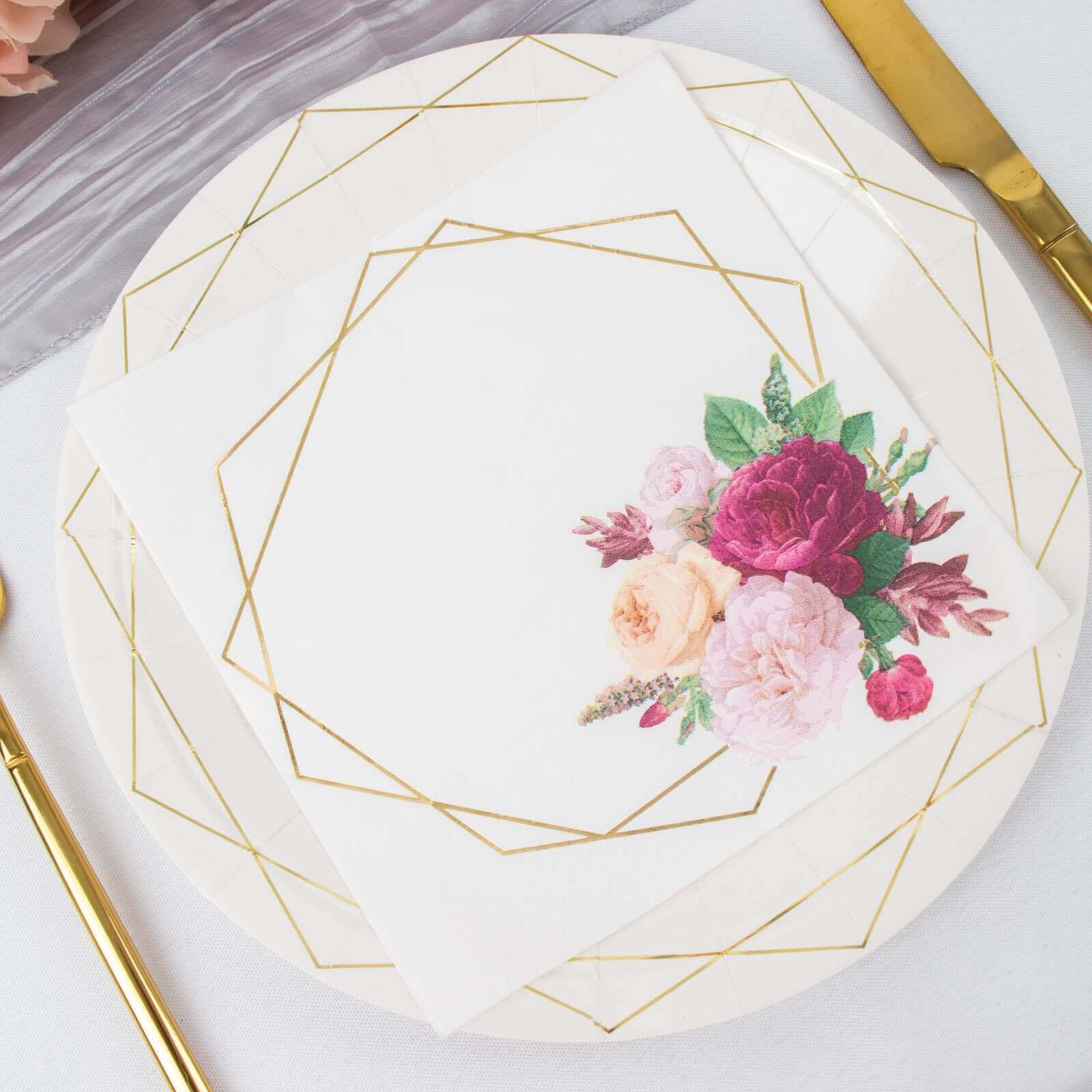 20-Pack White Paper Napkins with Gold Hexagon Frame & Floral Print - Ideal for Parties