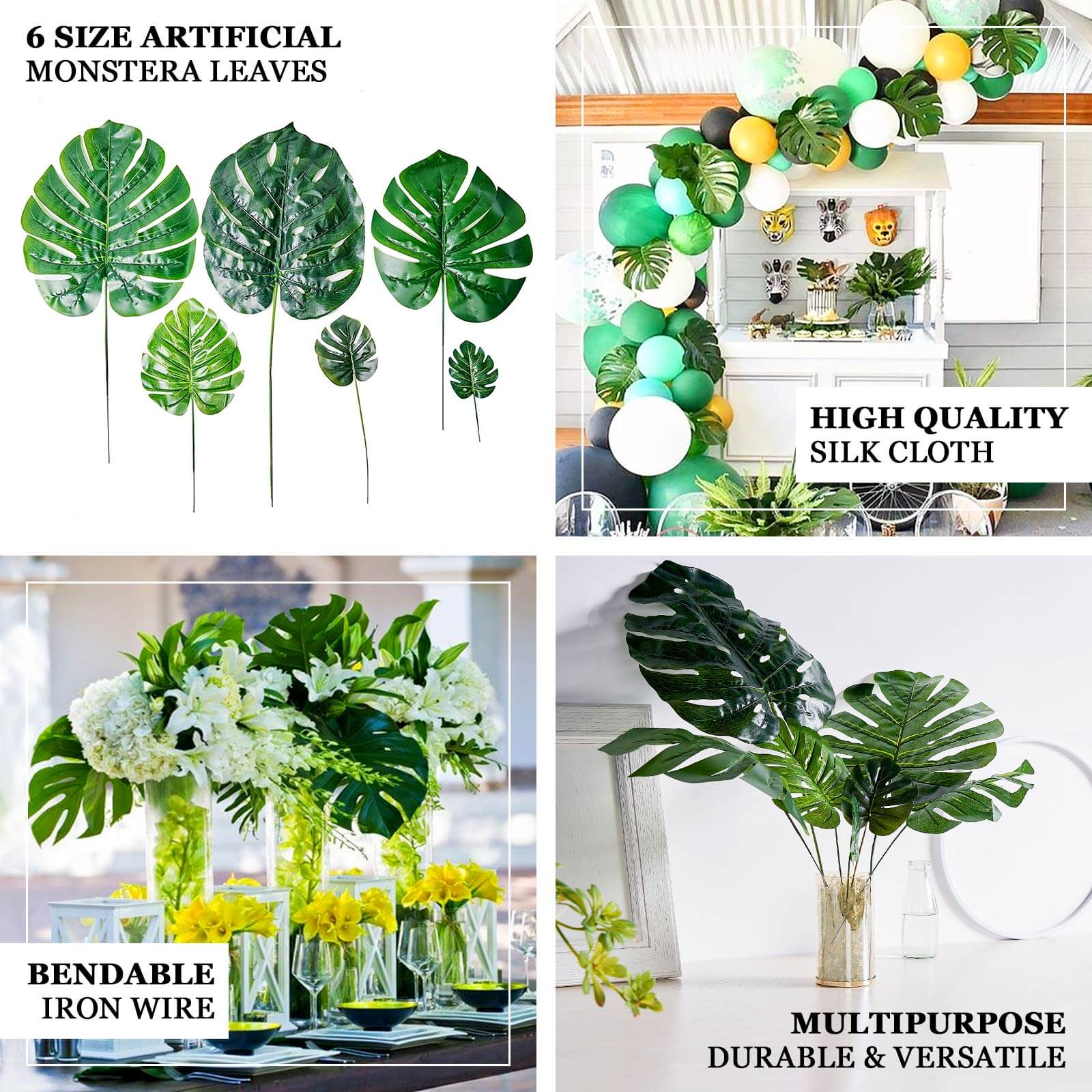 6-Piece Assorted Green High-Quality Silk Artificial Monstera Leaf Stems