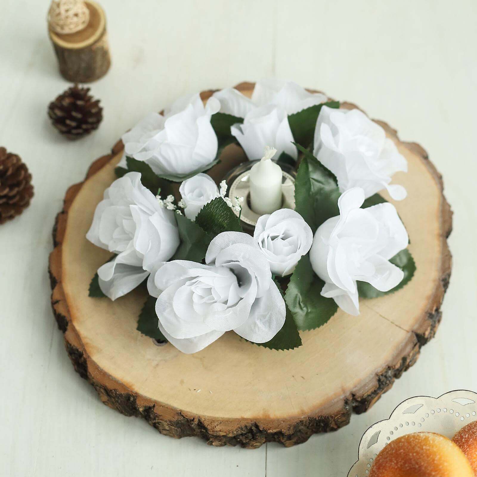 4 Pack 3 White Artificial Silk Rose Flower Candle Ring Wreaths