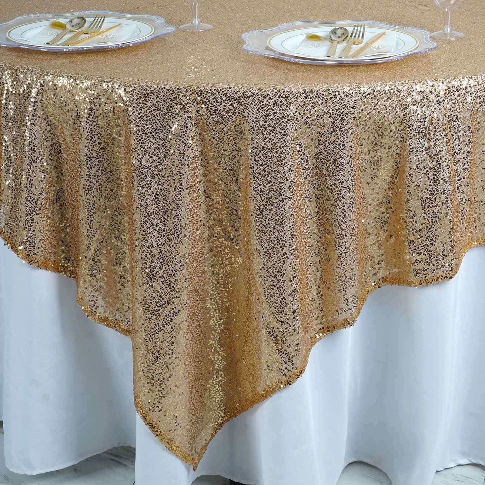 Sparkly Gold Sequin 90x90 Square Table Overlay for Stylish Celebrations