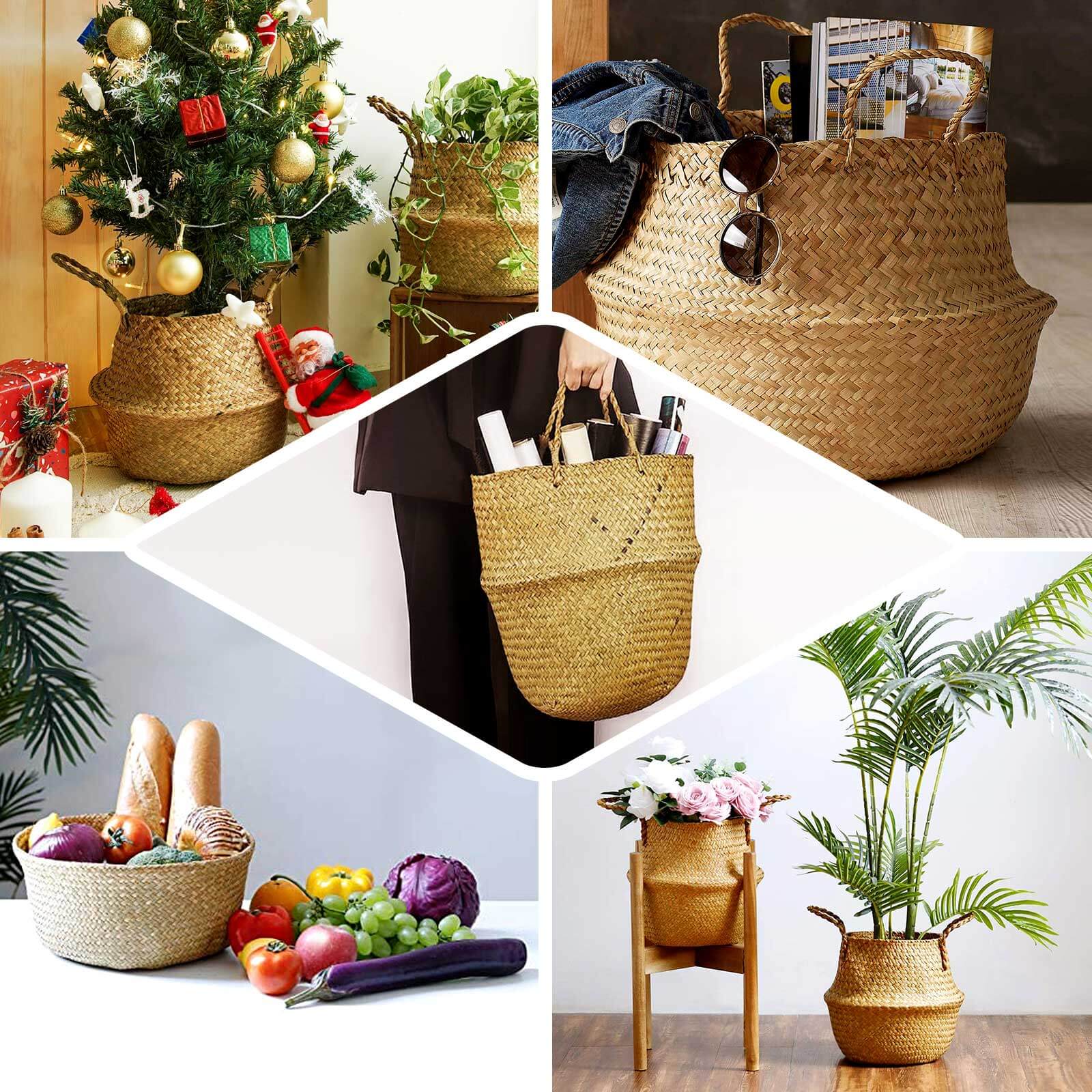 Exclusive Set of 2 Natural Handwoven Seagrass Plant Baskets for Home Organization