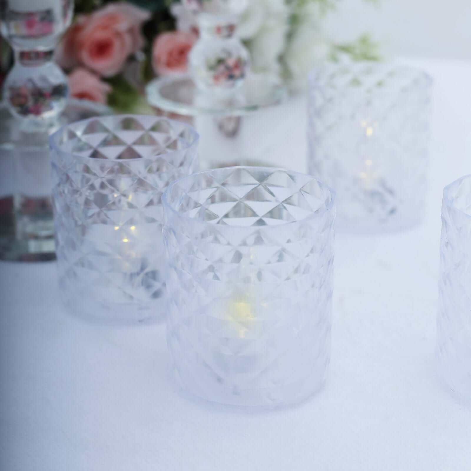 12-Piece Set of Clear LED Tealight Candle Holders in Whiskey Glass Design with Warm White Battery-Operated Lights