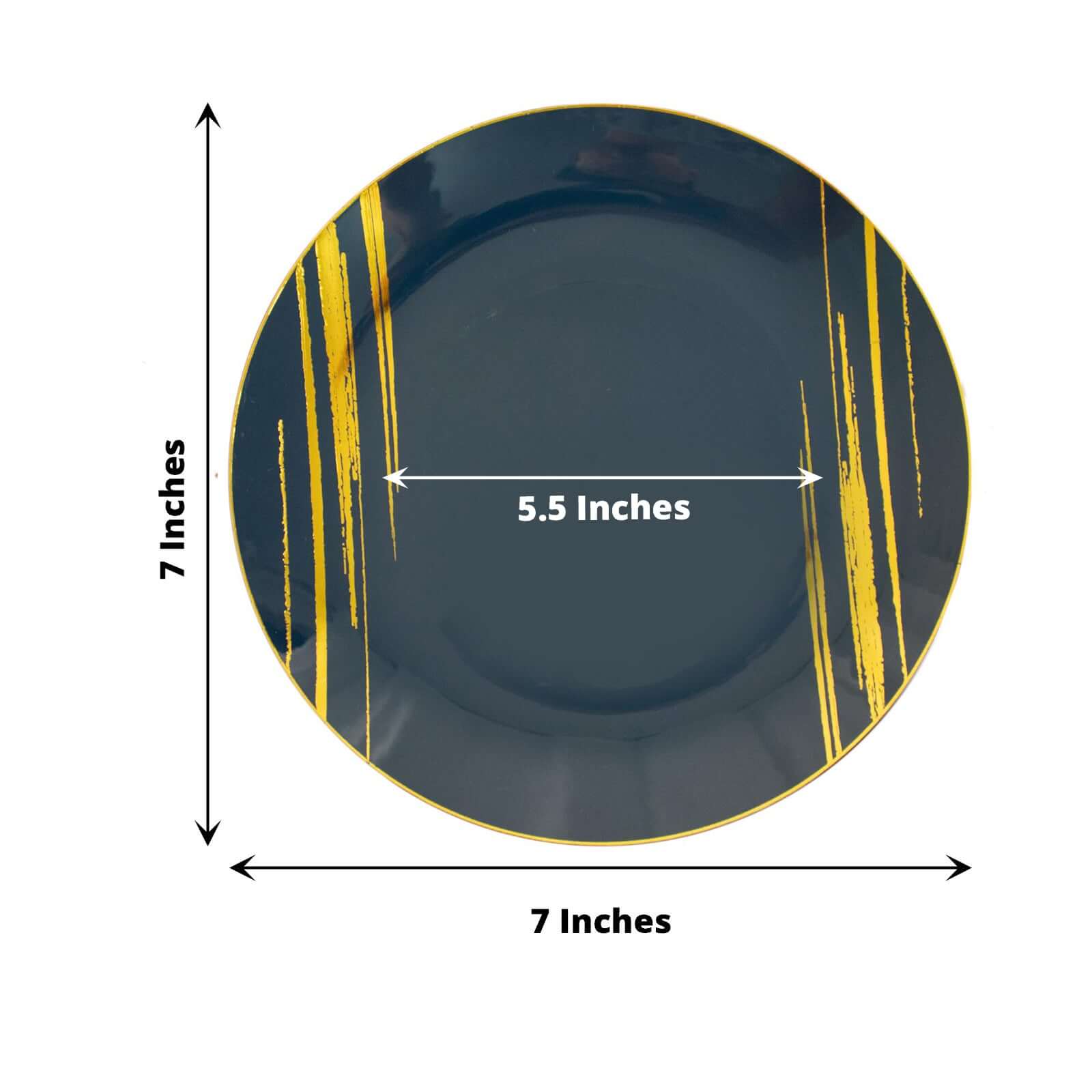 10-Piece Set of Navy Blue Plastic Round Dessert Plates with Gold Brush Print - Disposable Appetizer Salad Plates