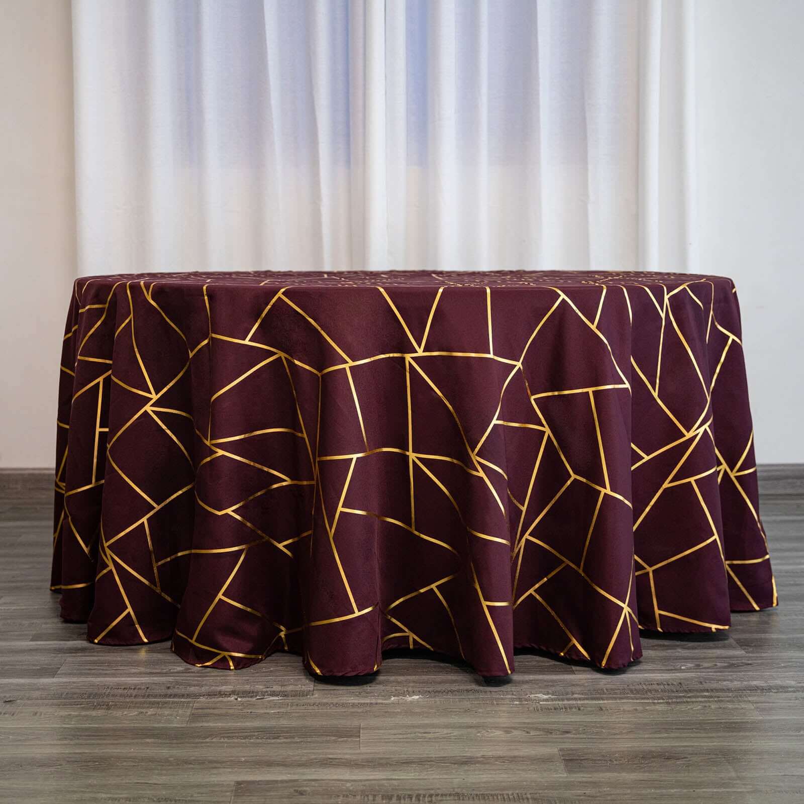 Exclusive 120-Inch Burgundy Polyester Seamless Round Tablecloth with Gold Foil Geometric Design for 5-Foot Tables