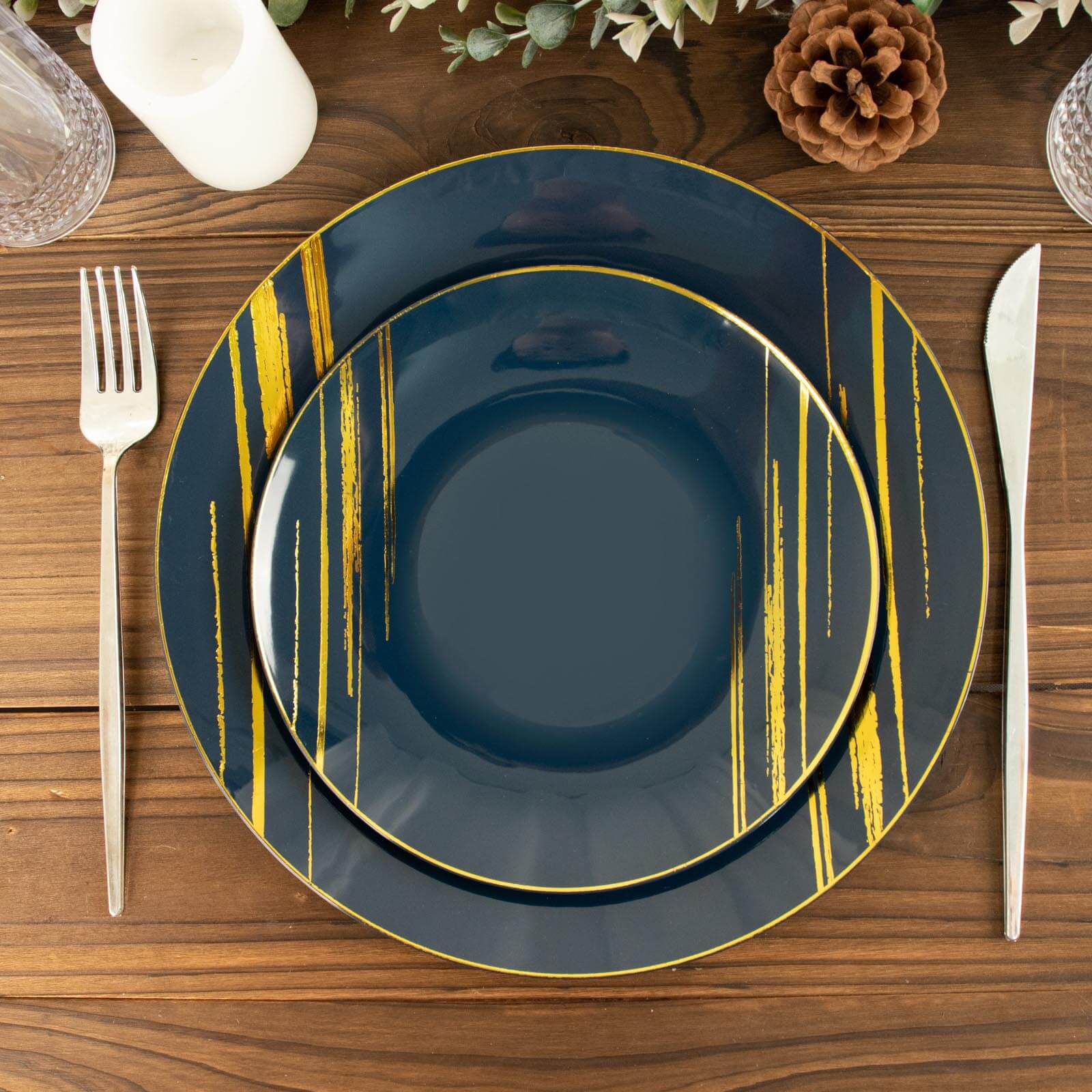 10-Piece Set of Navy Blue Plastic Round Dessert Plates with Gold Brush Print - Disposable Appetizer Salad Plates