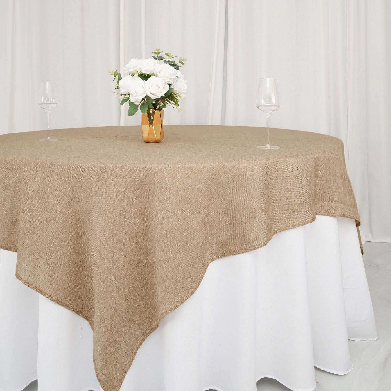Hot Sale! Natural Faux Burlap 90x90 Square Table Overlay for Stylish Boho - Chic Celebrations