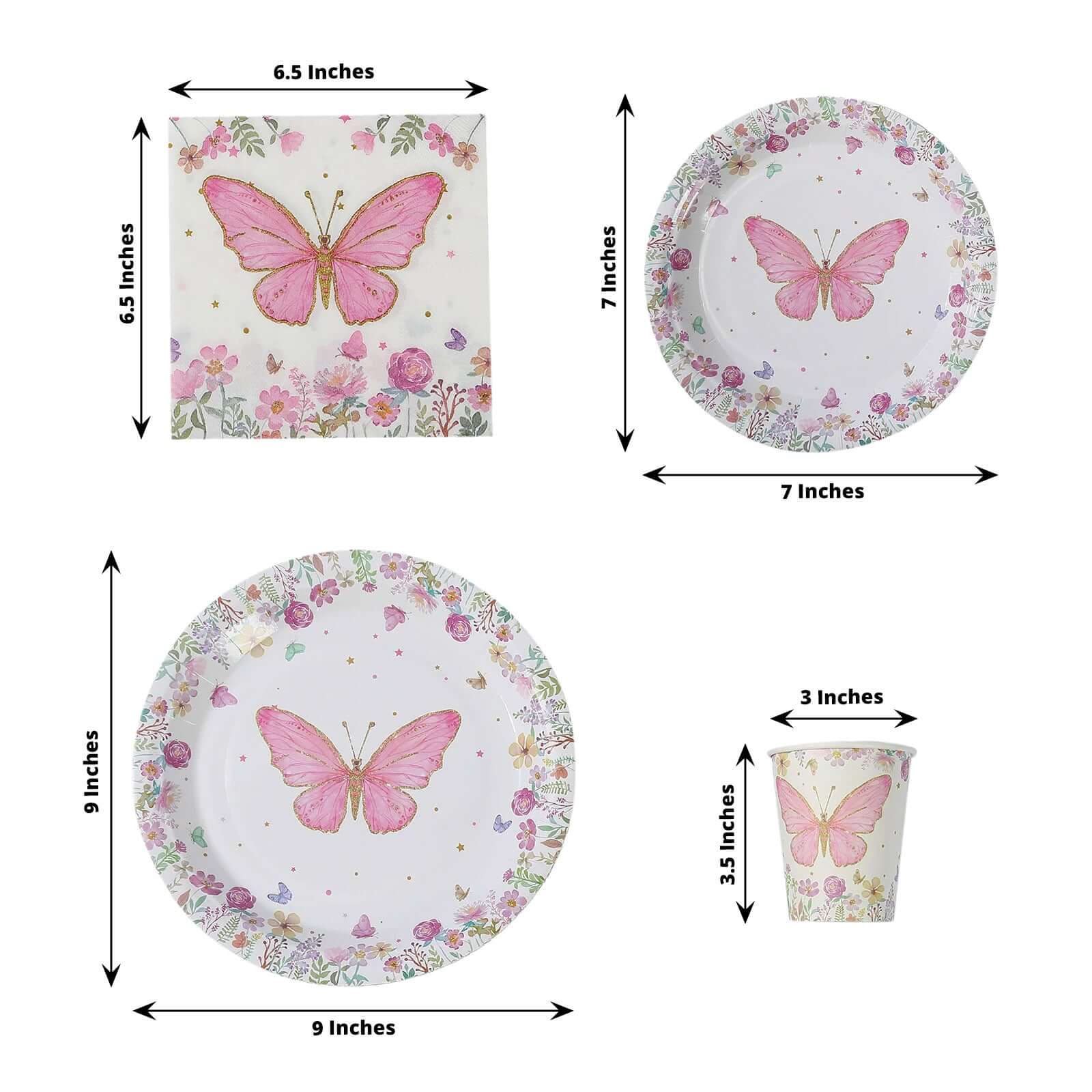 96-Piece Disposable Paper Dinnerware Set with Butterfly Print in White and Pink