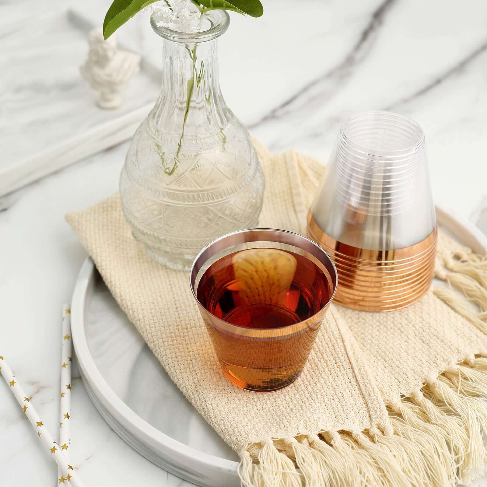 Hot Sale! 12-Pack 10oz Clear Plastic Party Squat Cups with Rose Gold Rim for Special Occasions