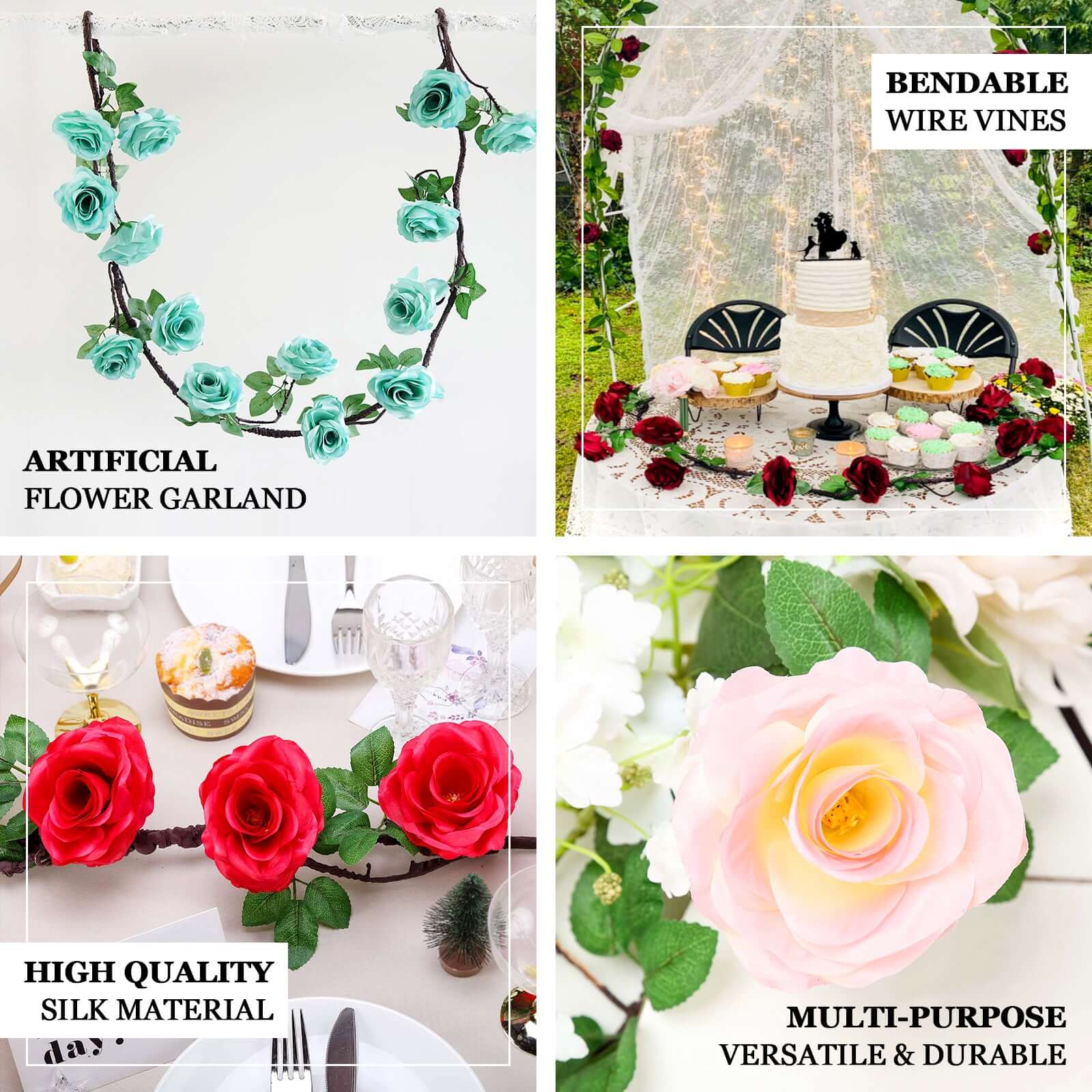 6ft Lifelike Aqua Turquoise Artificial Silk Rose Hanging Garland with 14 Flowers