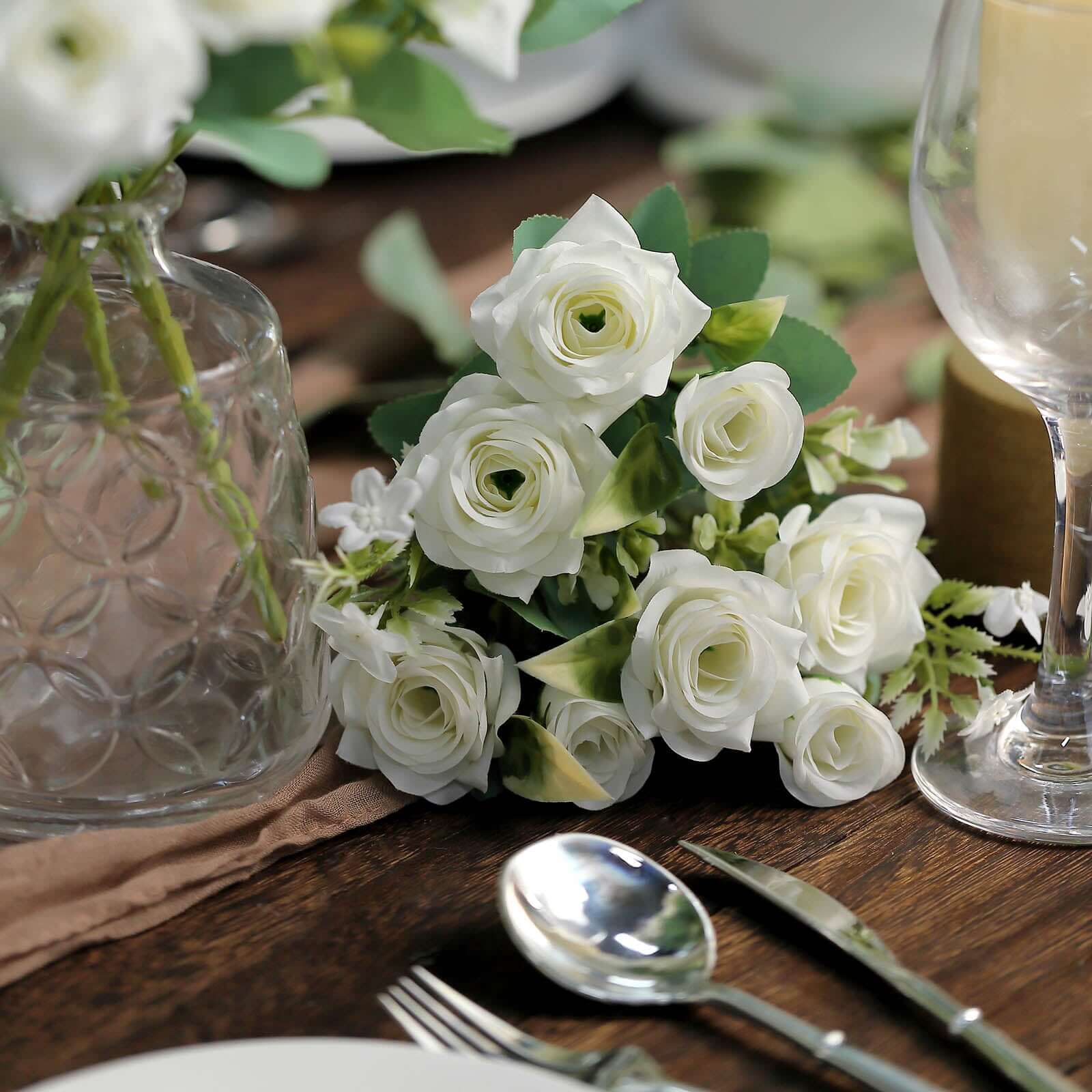 12-Inch Ivory Artificial Silk Rose Flower Bouquet with 4 Bushes, Ideal for Bridal Use