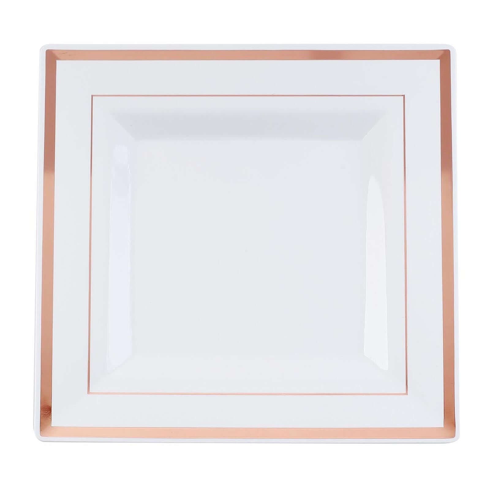 Hot Deal! 10-Pack White Square Plastic Dinner Plates with Rose Gold Trim for Events
