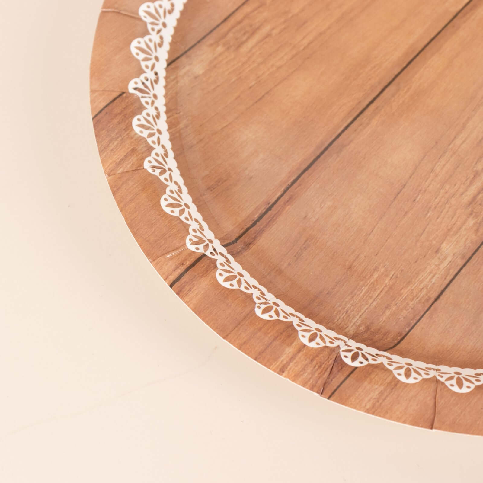 25-Pack Disposable 7-Inch Round Brown Wood Grain Paper Dessert Plates with White Lace Rim for Rustic Events
