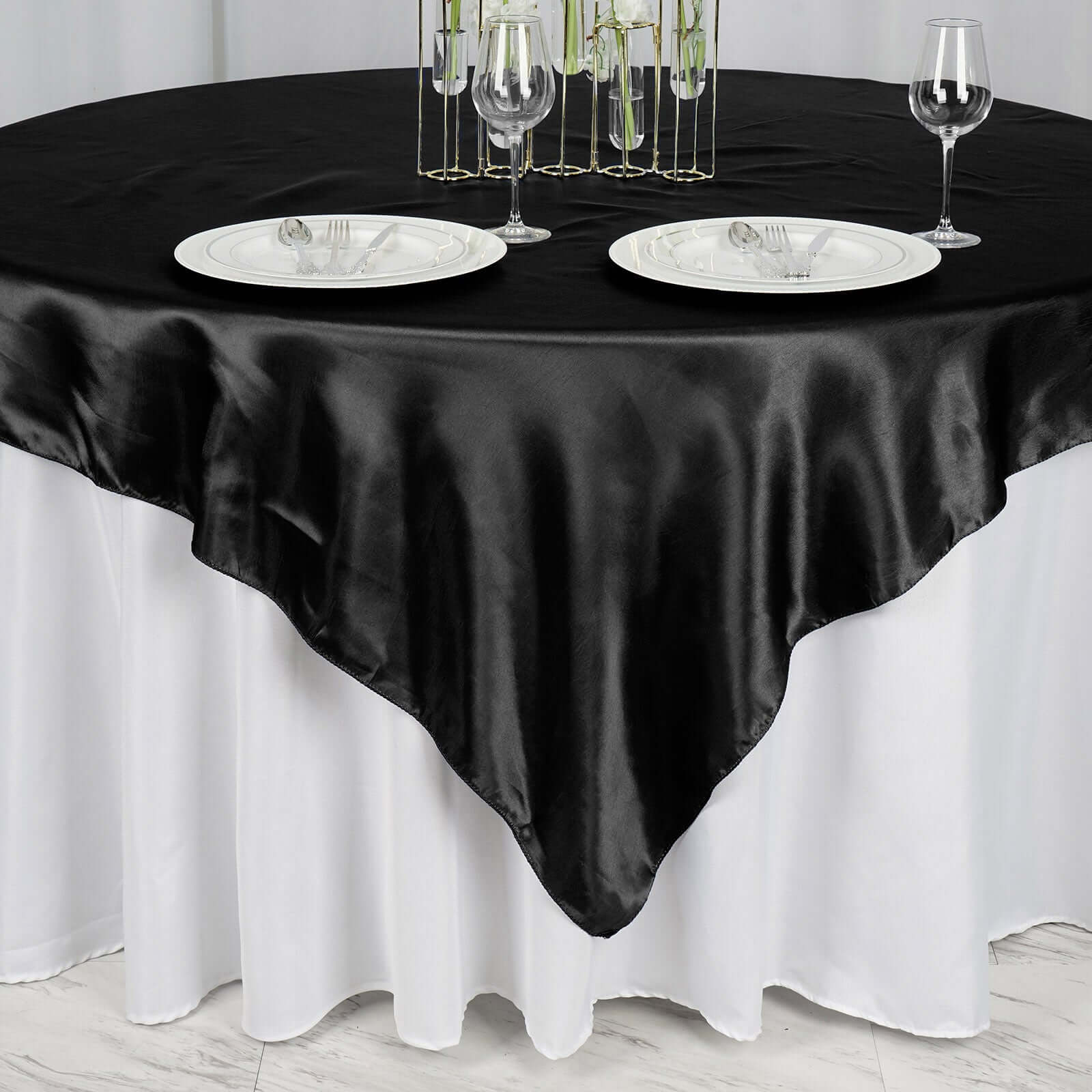 Black Satin 72x72 Square Table Overlay - Ideal for Luxurious Events