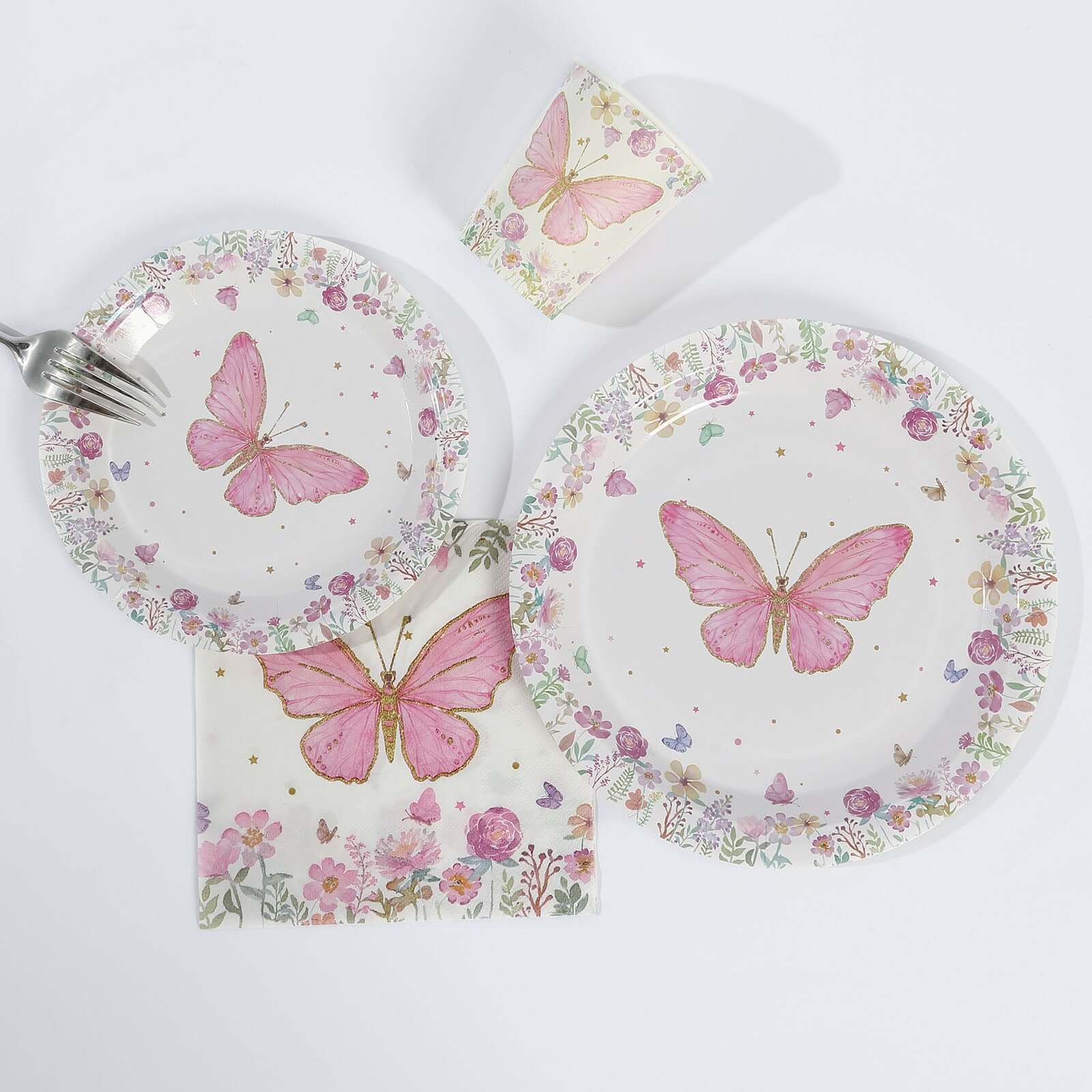 96-Piece Disposable Paper Dinnerware Set with Butterfly Print in White and Pink