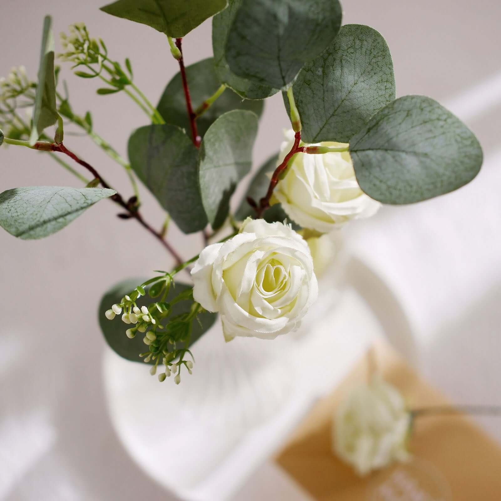 15-Piece Ivory Artificial Silk Rose and Eucalyptus Bouquet for Decor